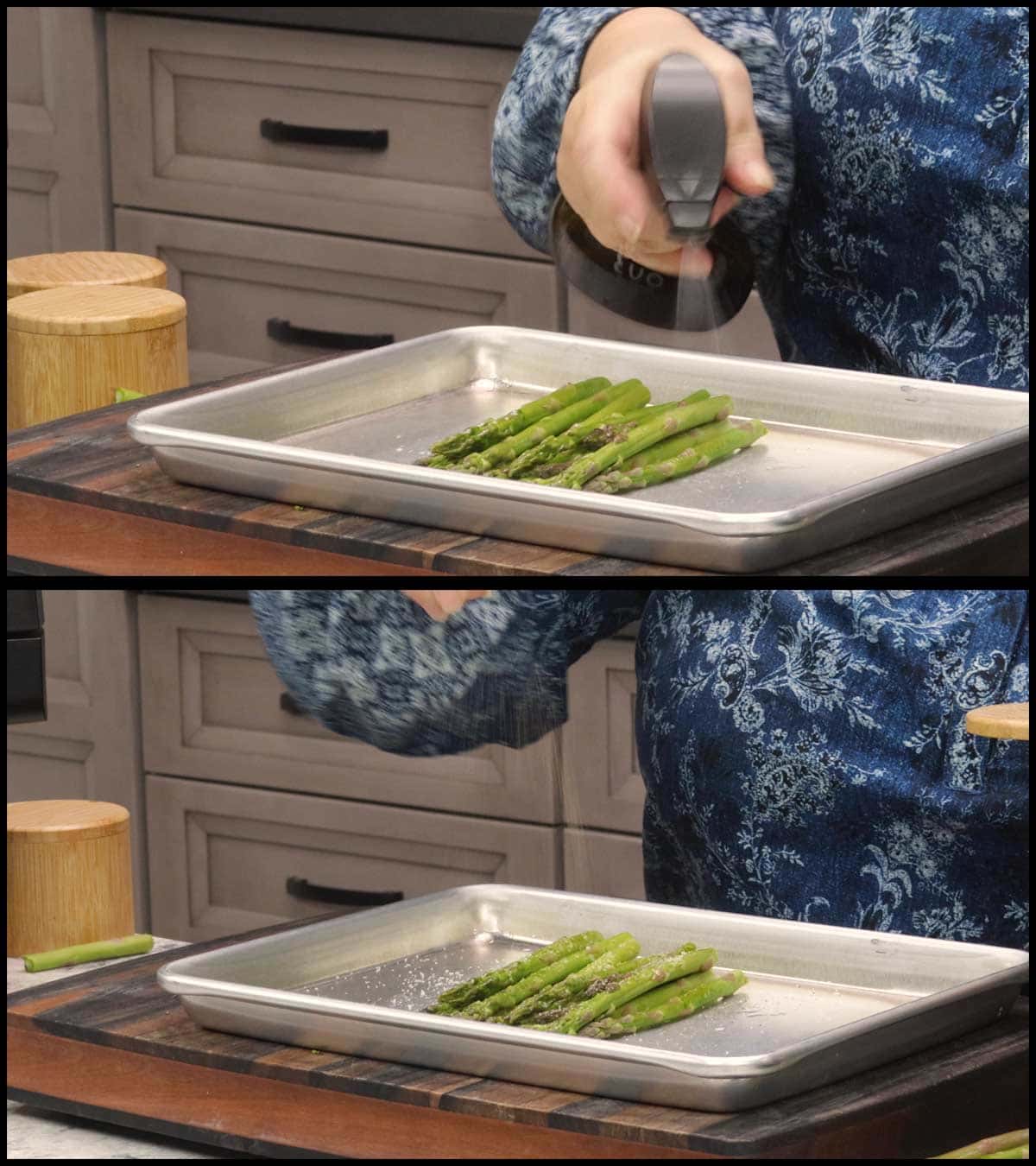 oiling and seasoning asparagus prior to cooking with steam and crisp.