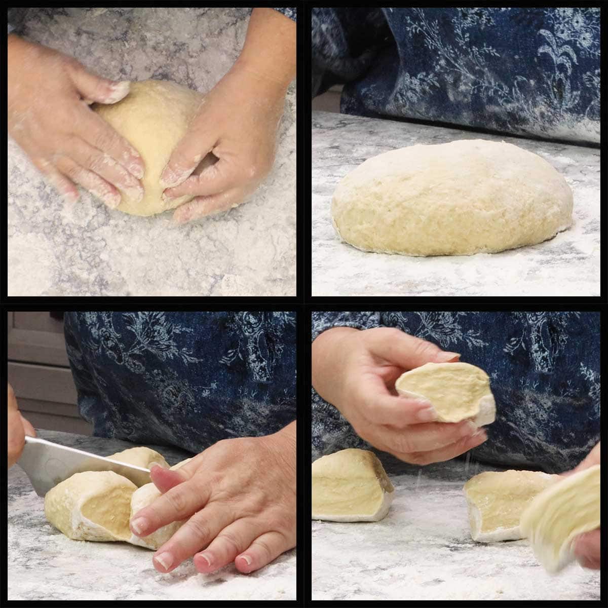 Finished dough ball being cut into quarters.