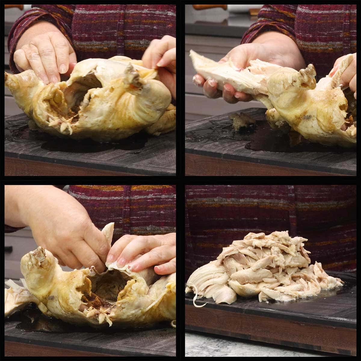 removing the chicken meat from the bones.