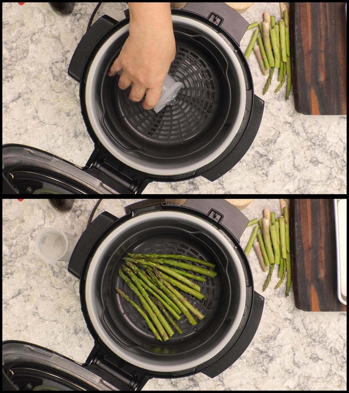 putting water in the inner pot and placing asparagus in basket of Foodi.