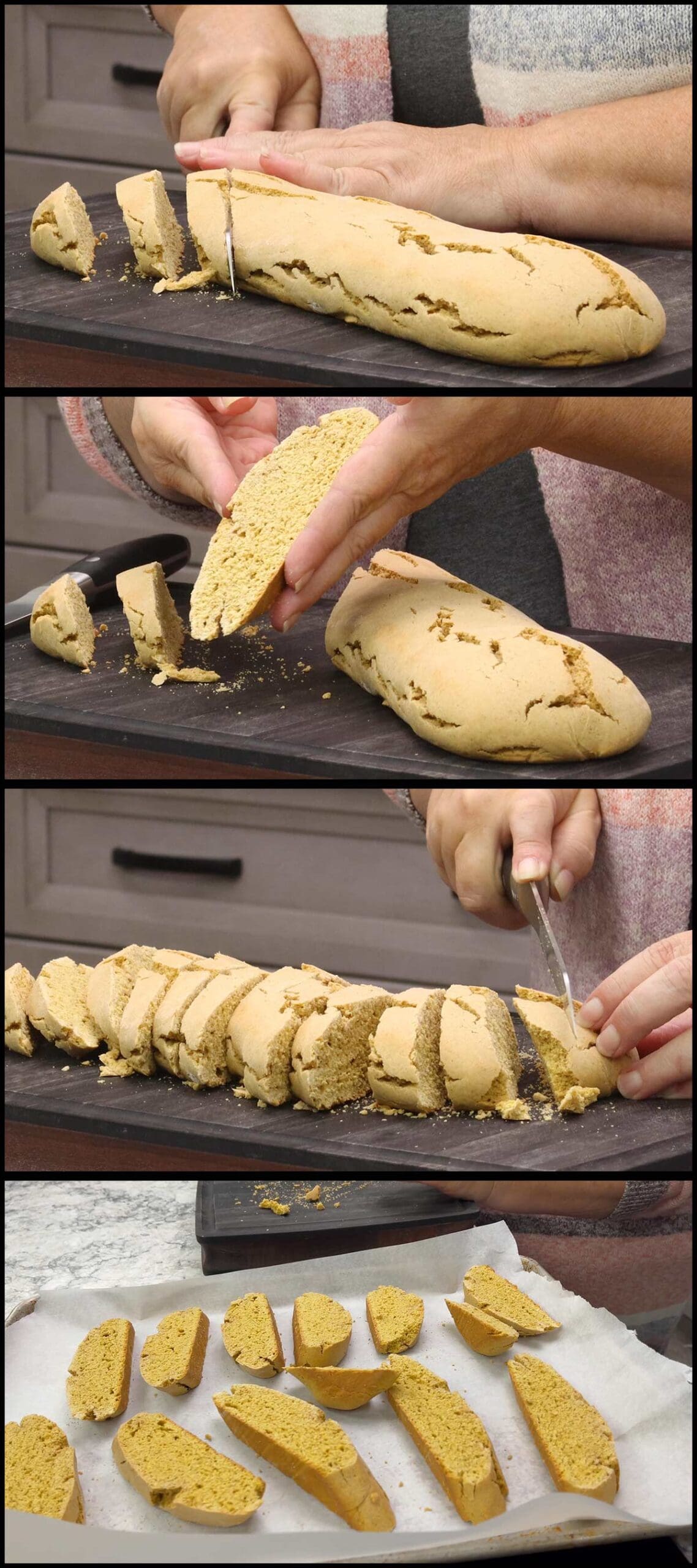 slicing biscotti for second bake.
