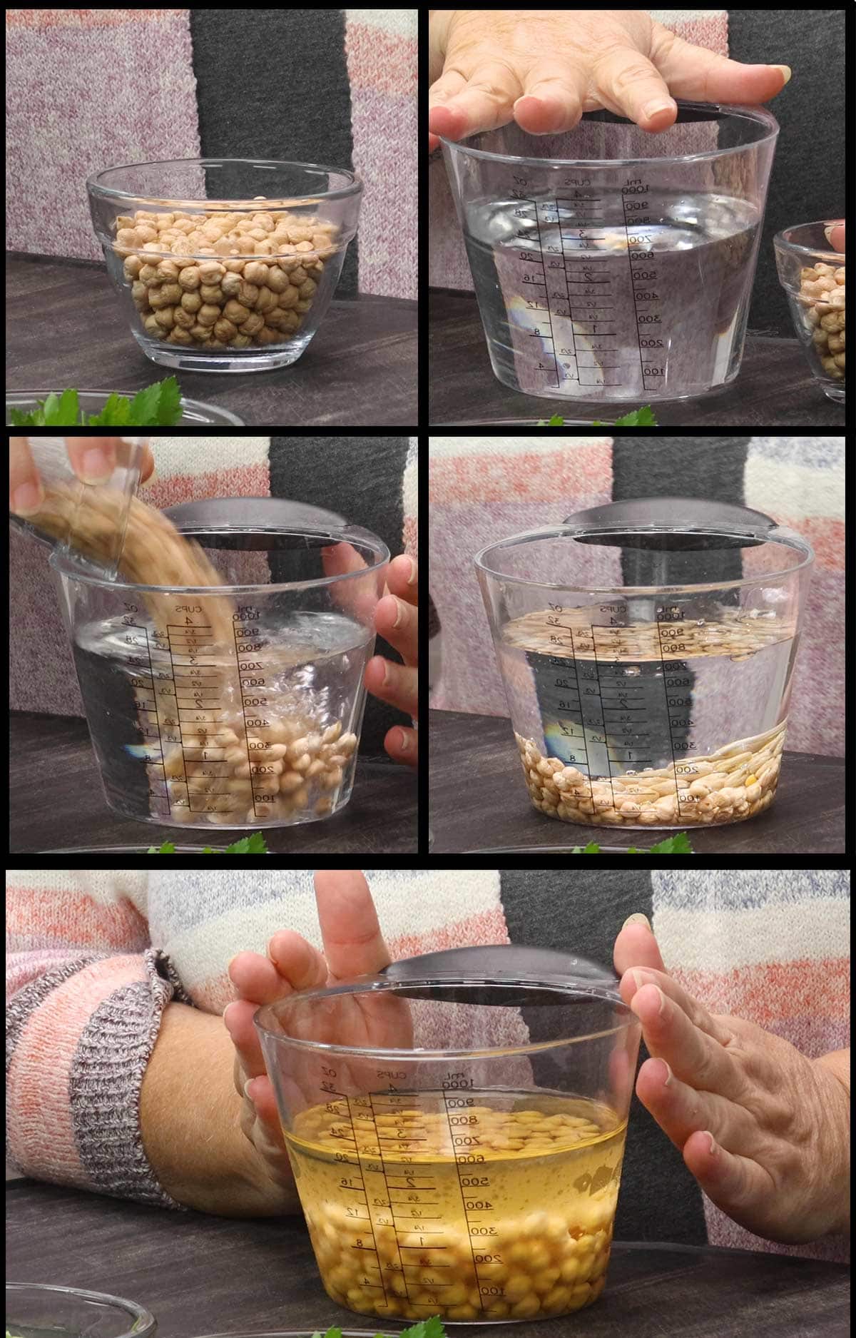 collage of pictures soaking chickpeas in water and showing them doubled in size.