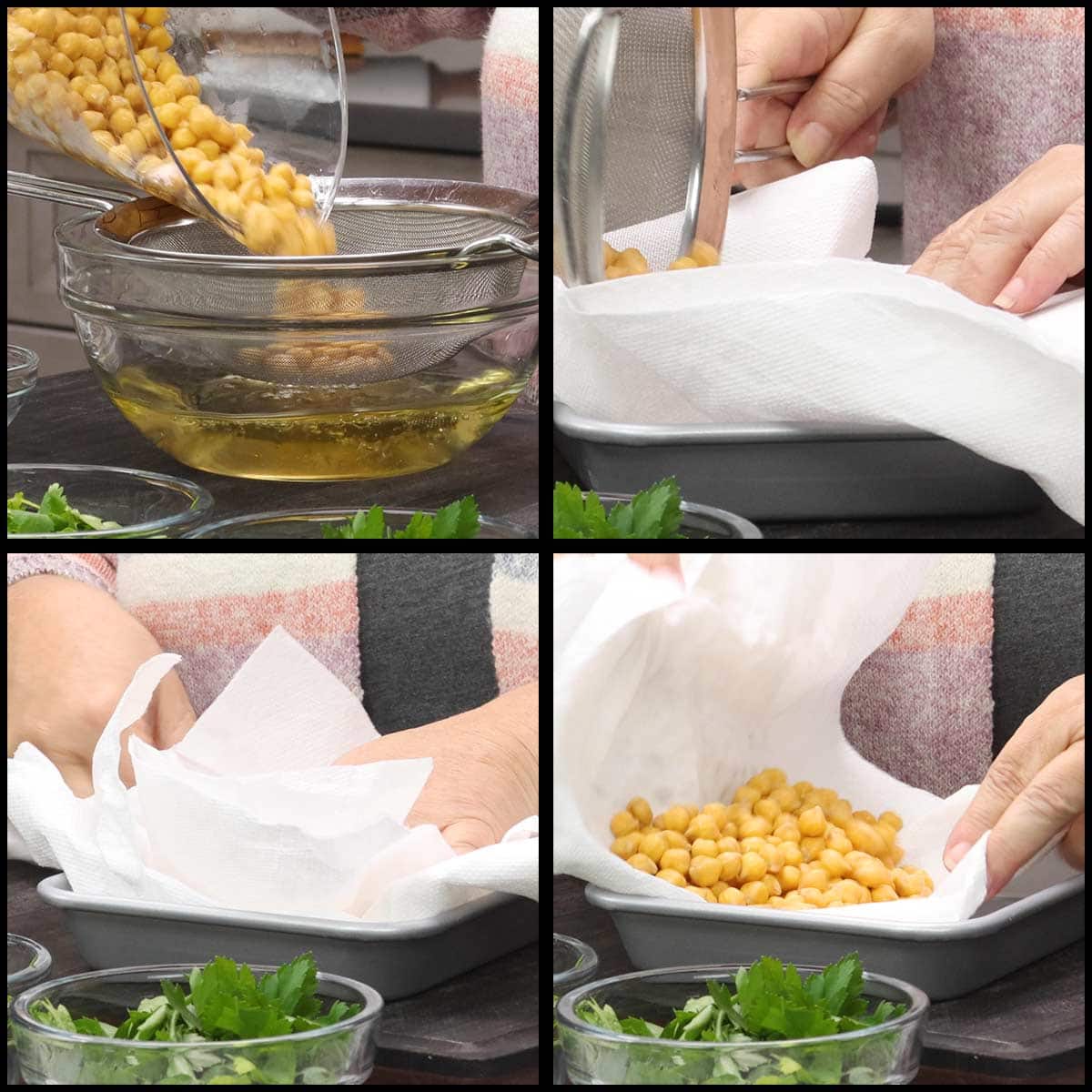 straining and drying soaked chickpeas.