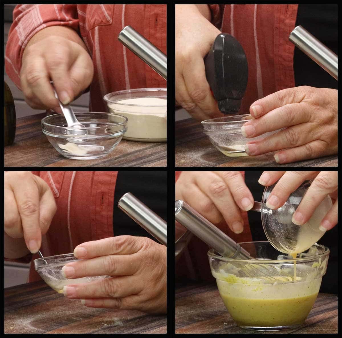 mixing xanthan gum with oil to thicken honey mustard sauce.