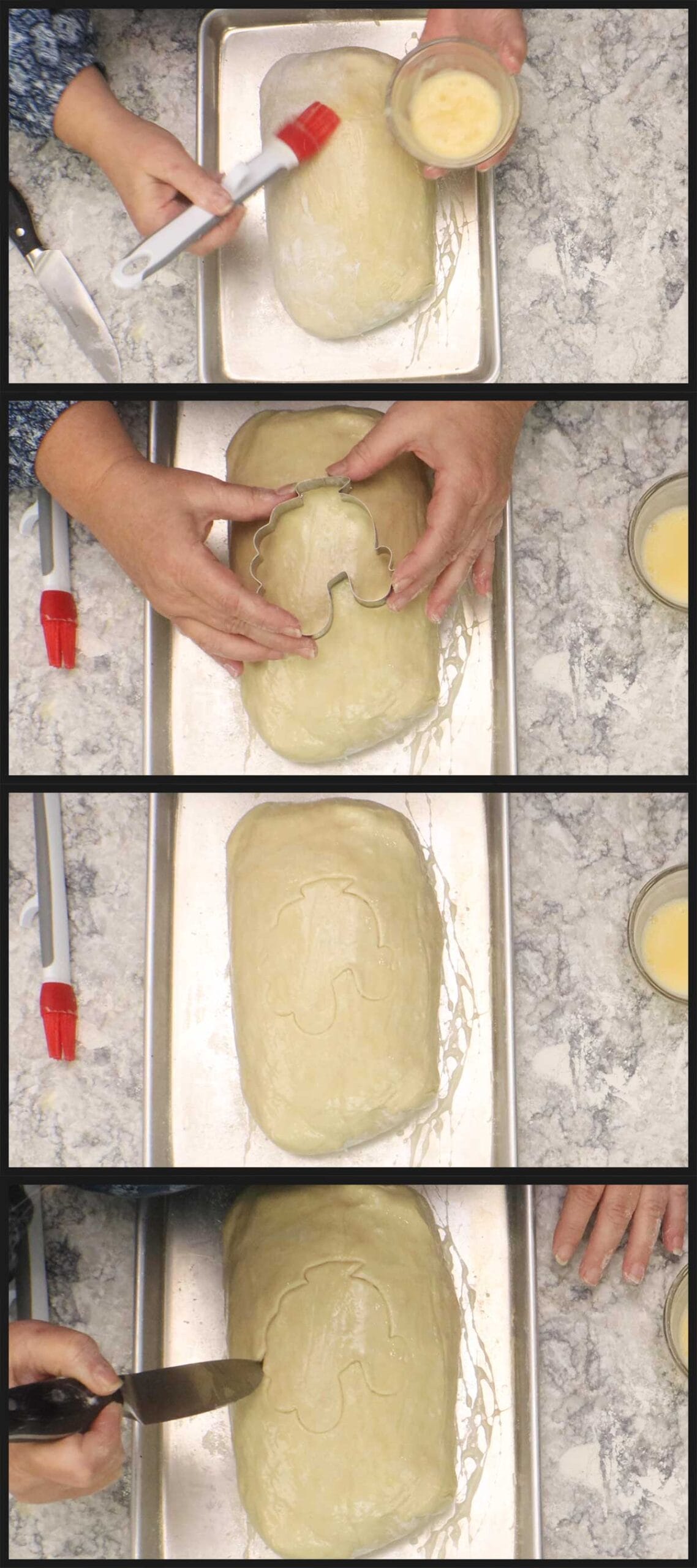 cutting turkey shape with cookie cutter on top of the turkey wellington.