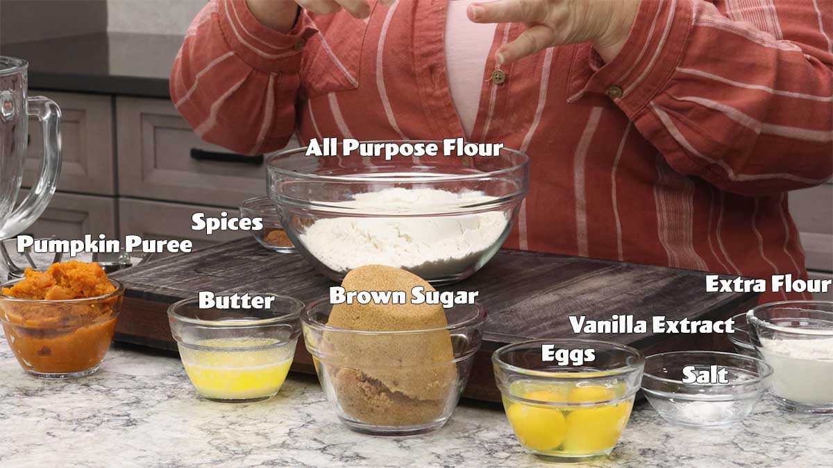 Ingredients in bowls for pumpkin cookies.
