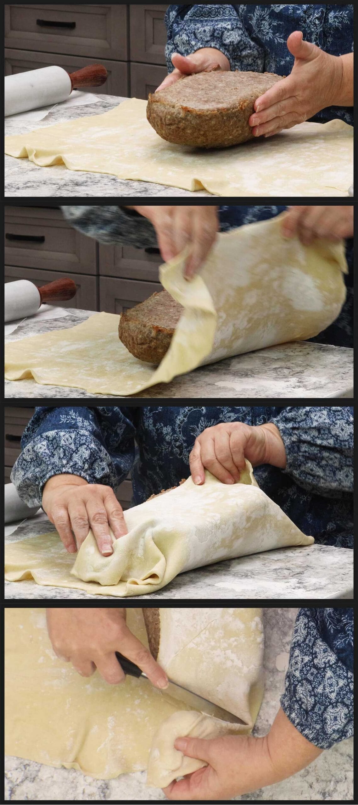 wrapping turkey in puff pastry and trimming excess.