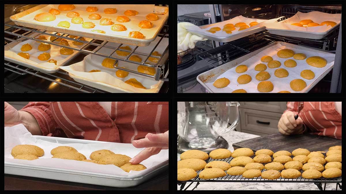 baking pumpkin whoopie pies and transferring them to a cooling rack.