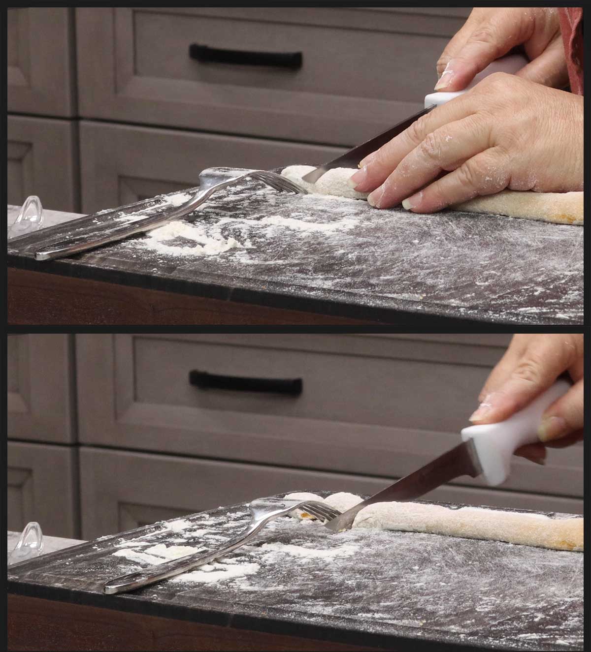 cutting the gnocchi using a fork as a guide.