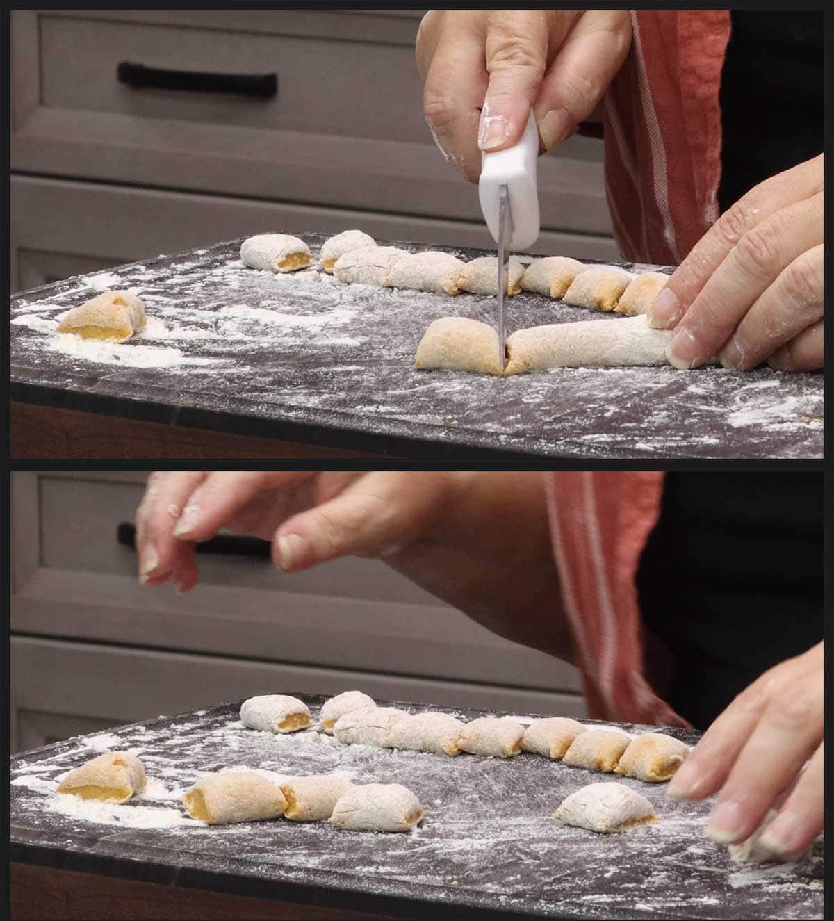 cutting the gnocchi without a guide.