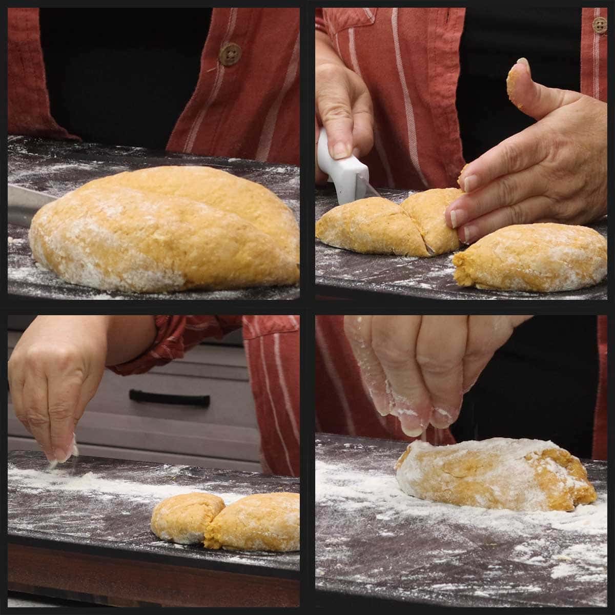dividing the dough and forming a log with one piece of gnocchi dough.