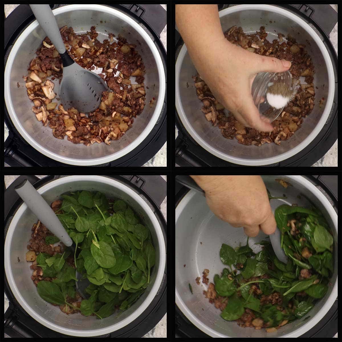 adding seasonings and spinach to filling and cooking.