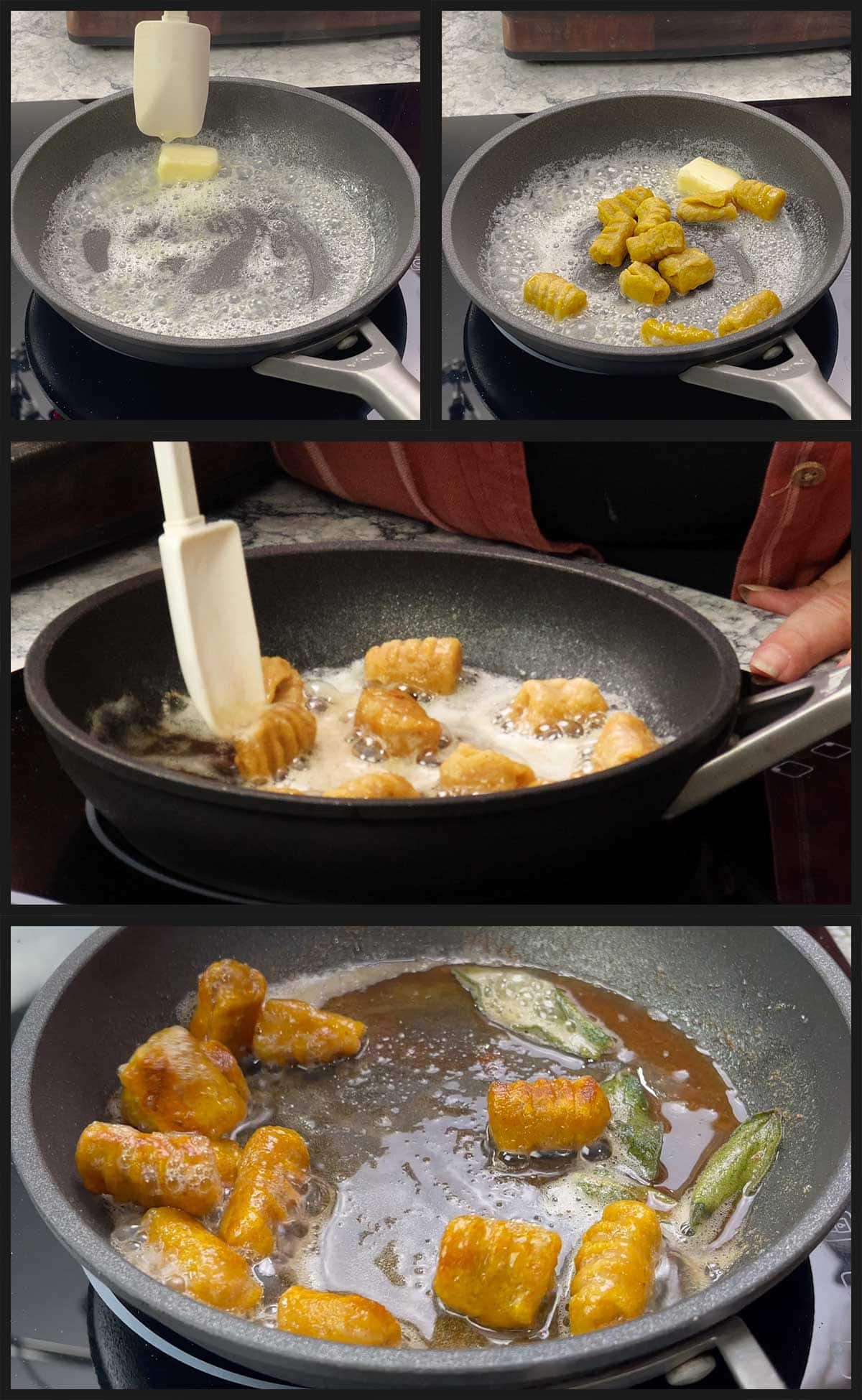 frying gnocchi in a pan on the stove with sage leaves and butter.