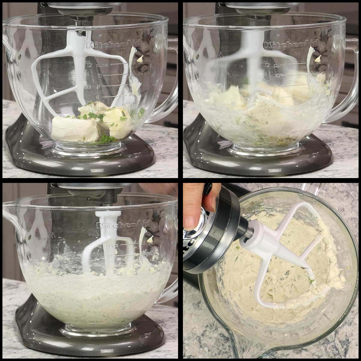 Mixing garlic and herb cheese spread with paddle attachment on stand mixer.