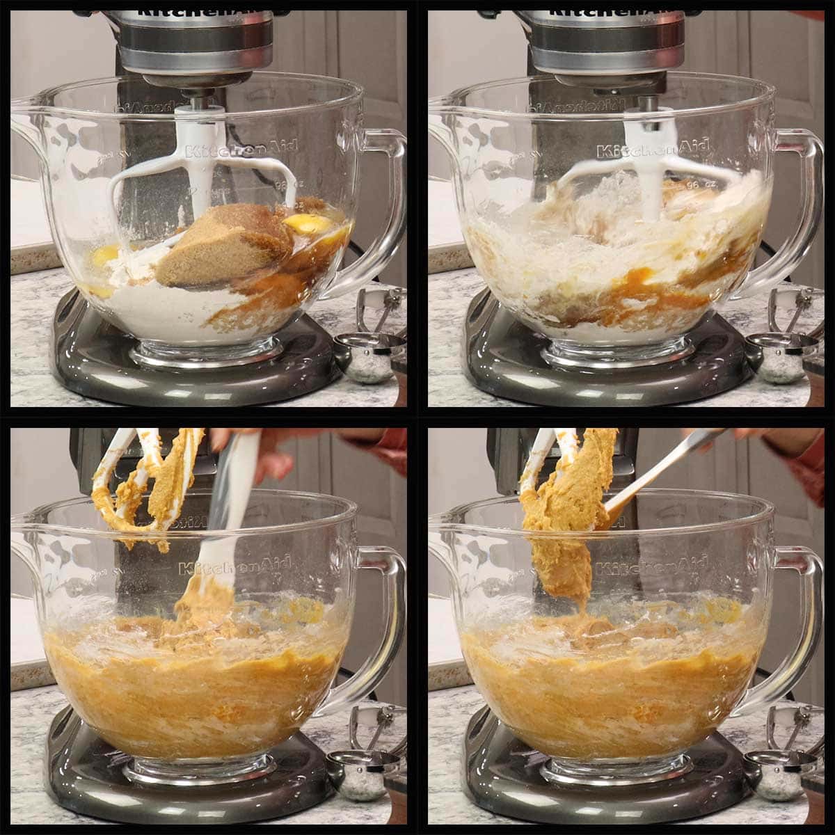 mixing pumpkin cookie batter in stand mixer.