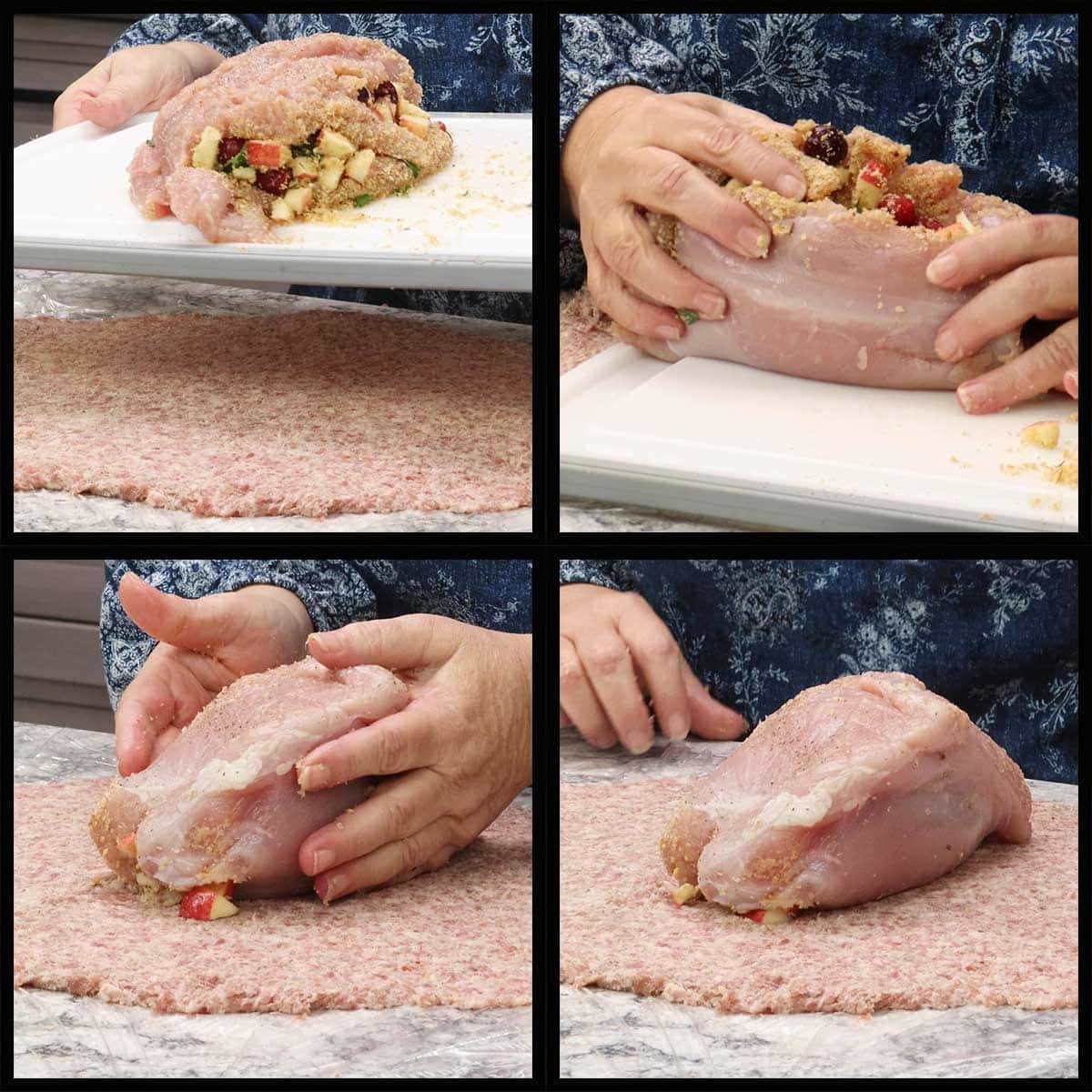 placing stuffed turkey breast onto rolled out sausage.