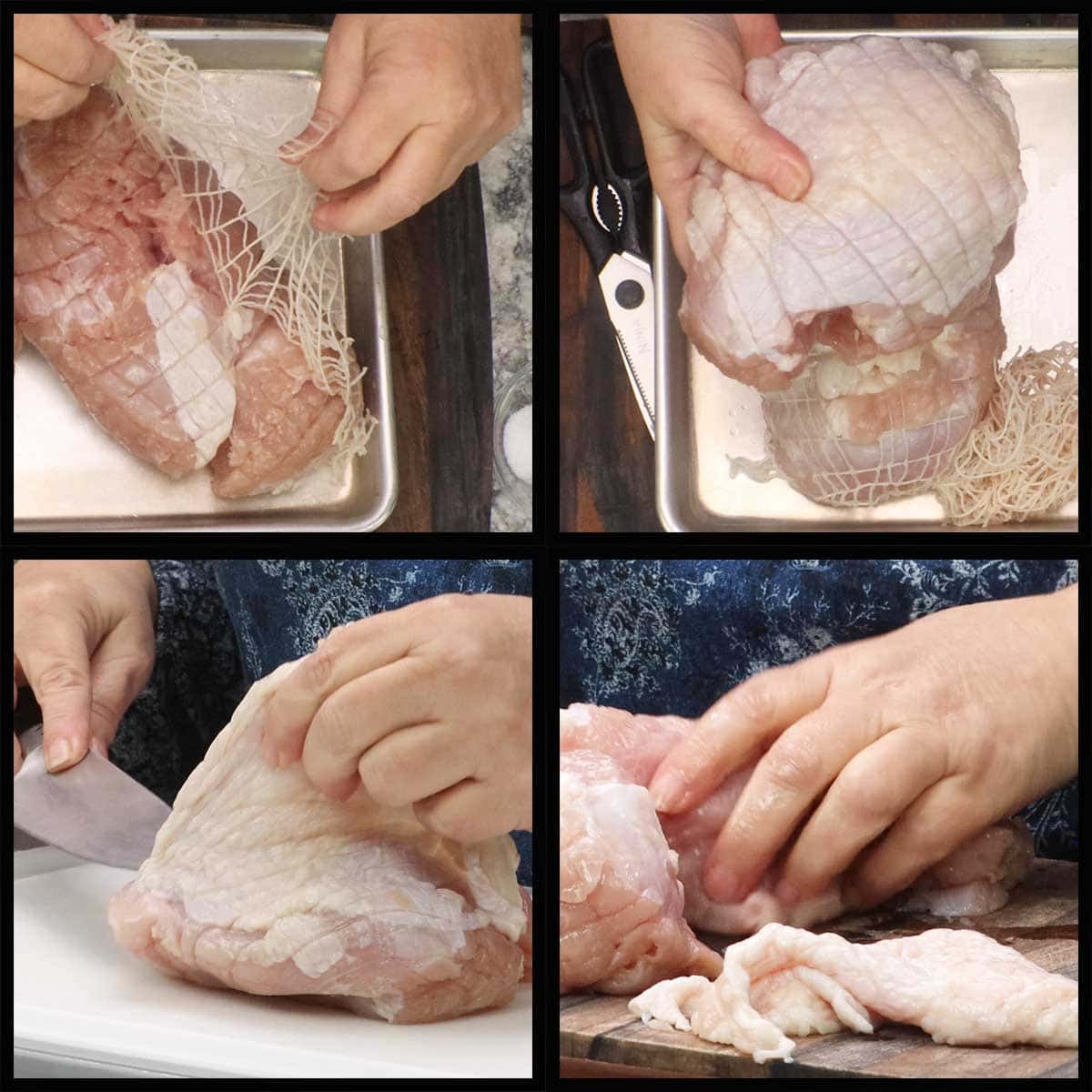 removing the netting and skin from turkey breast.