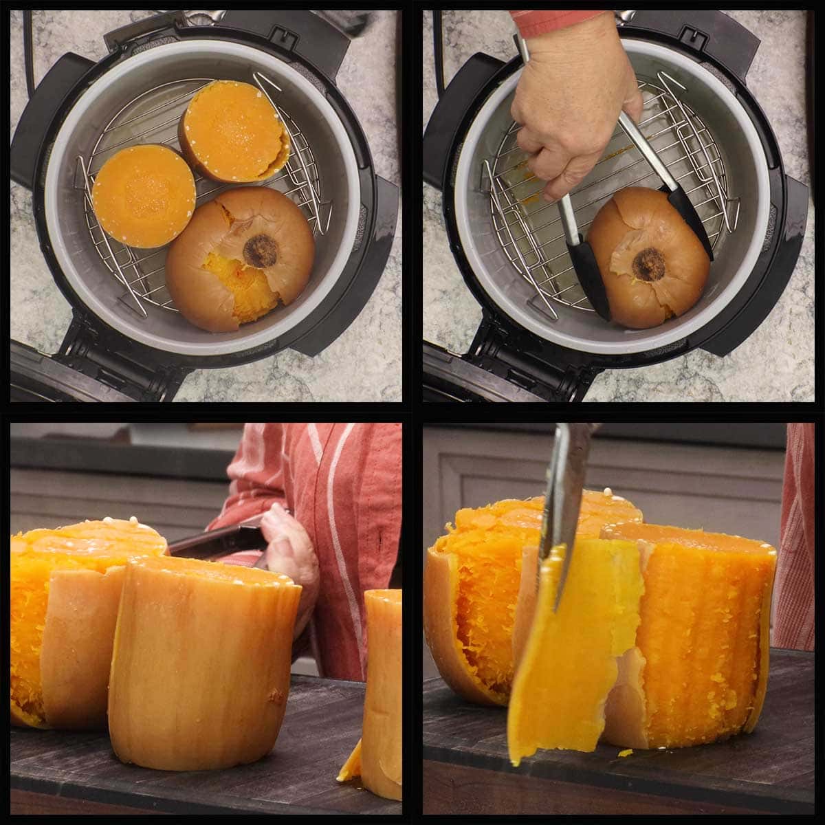 removing the skin from the cooked butternut squash.