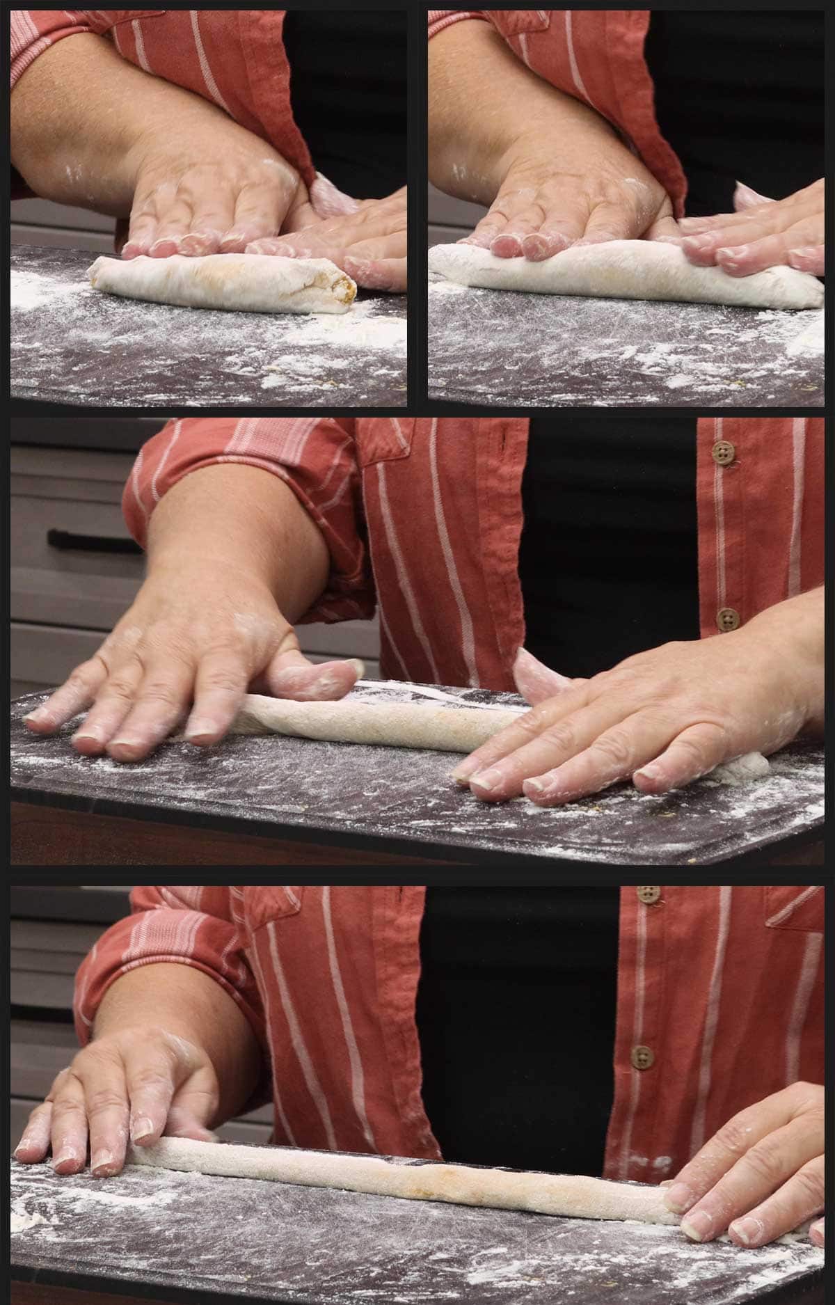 rolling the gnocchi dough into a rope.