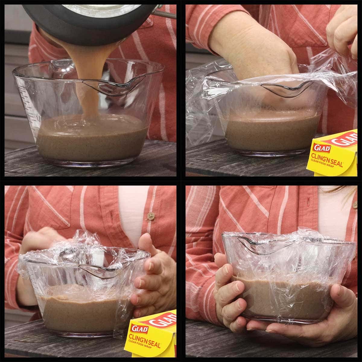 transfering pudding to measure bowl and covering with plastic wrap.