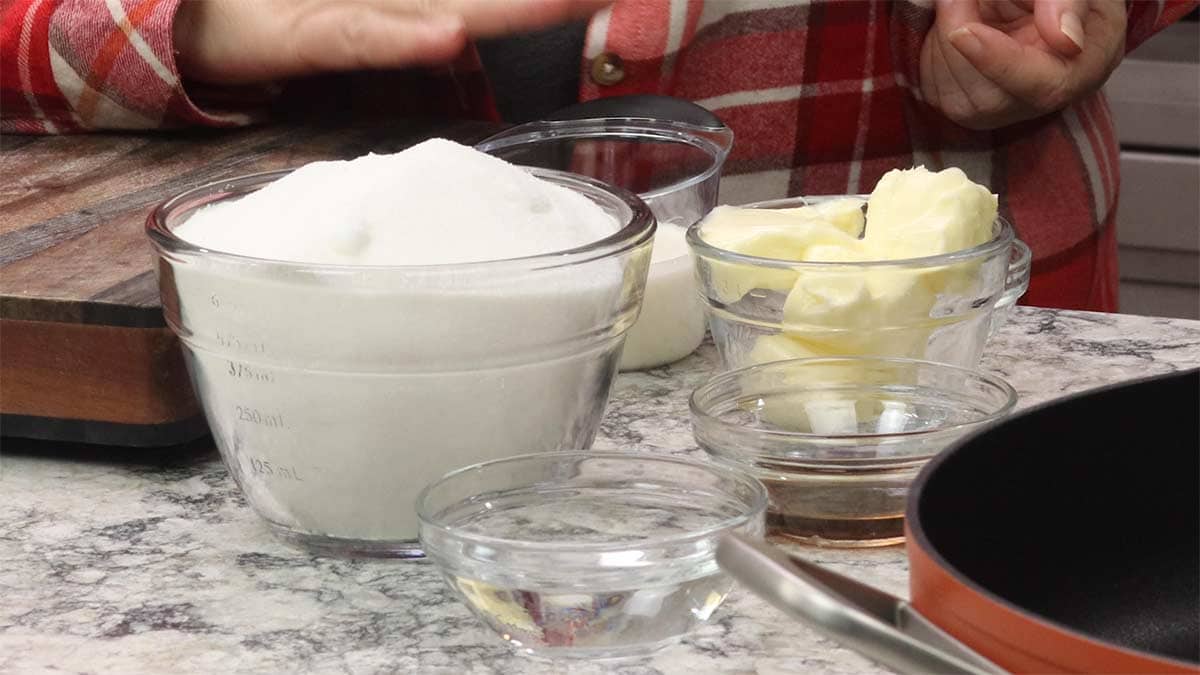 Ingredients in bowls to make homemade caramel. 
