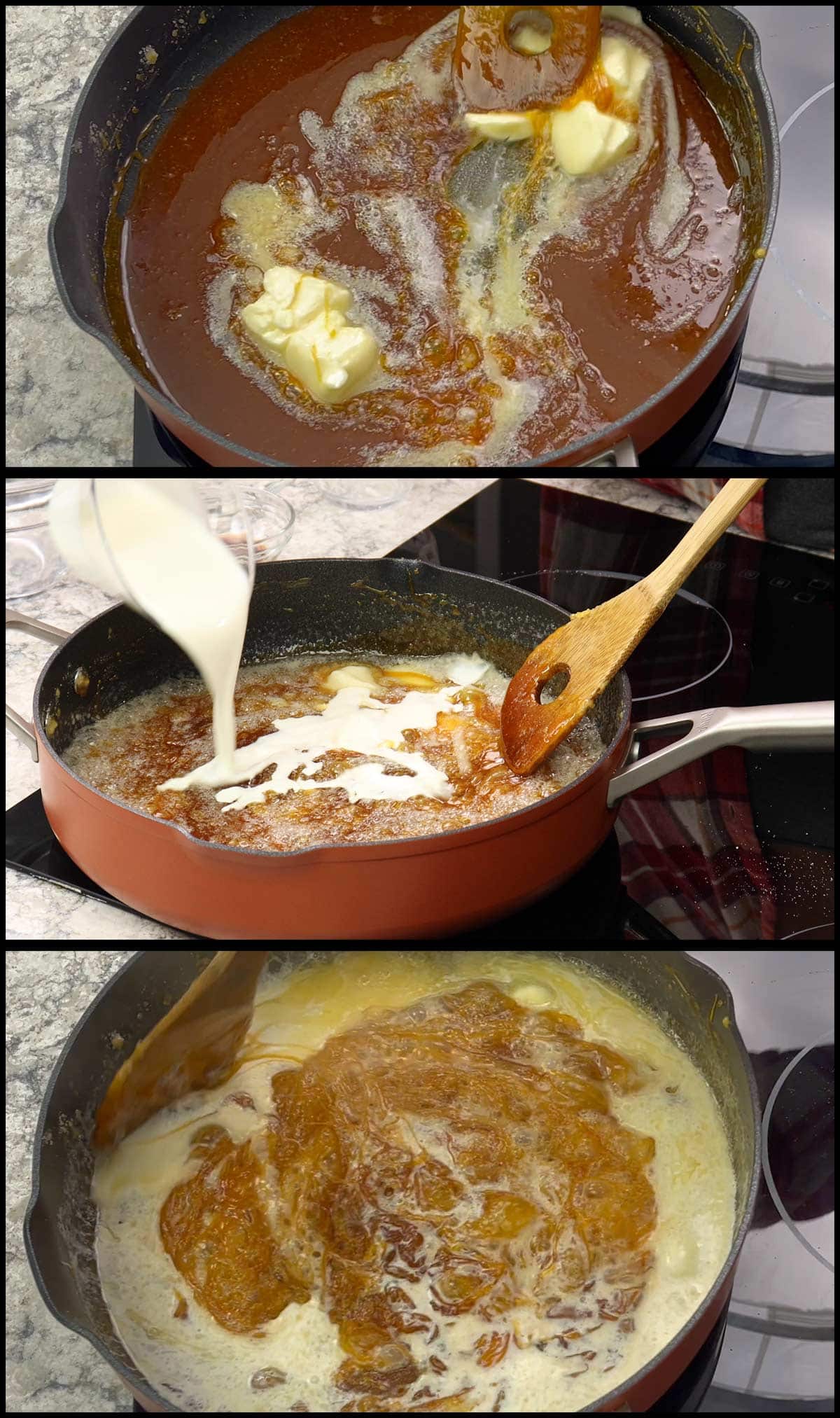 adding butter and cream to caramel.