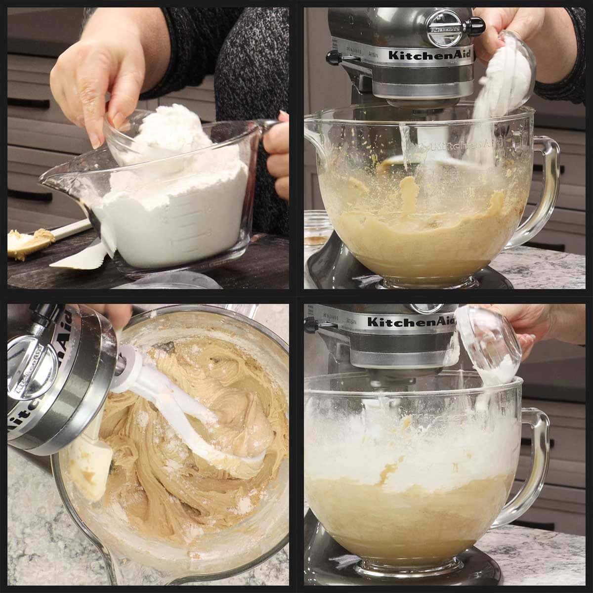adding flour mixture to wet ingredients and mixing in stand mixer.
