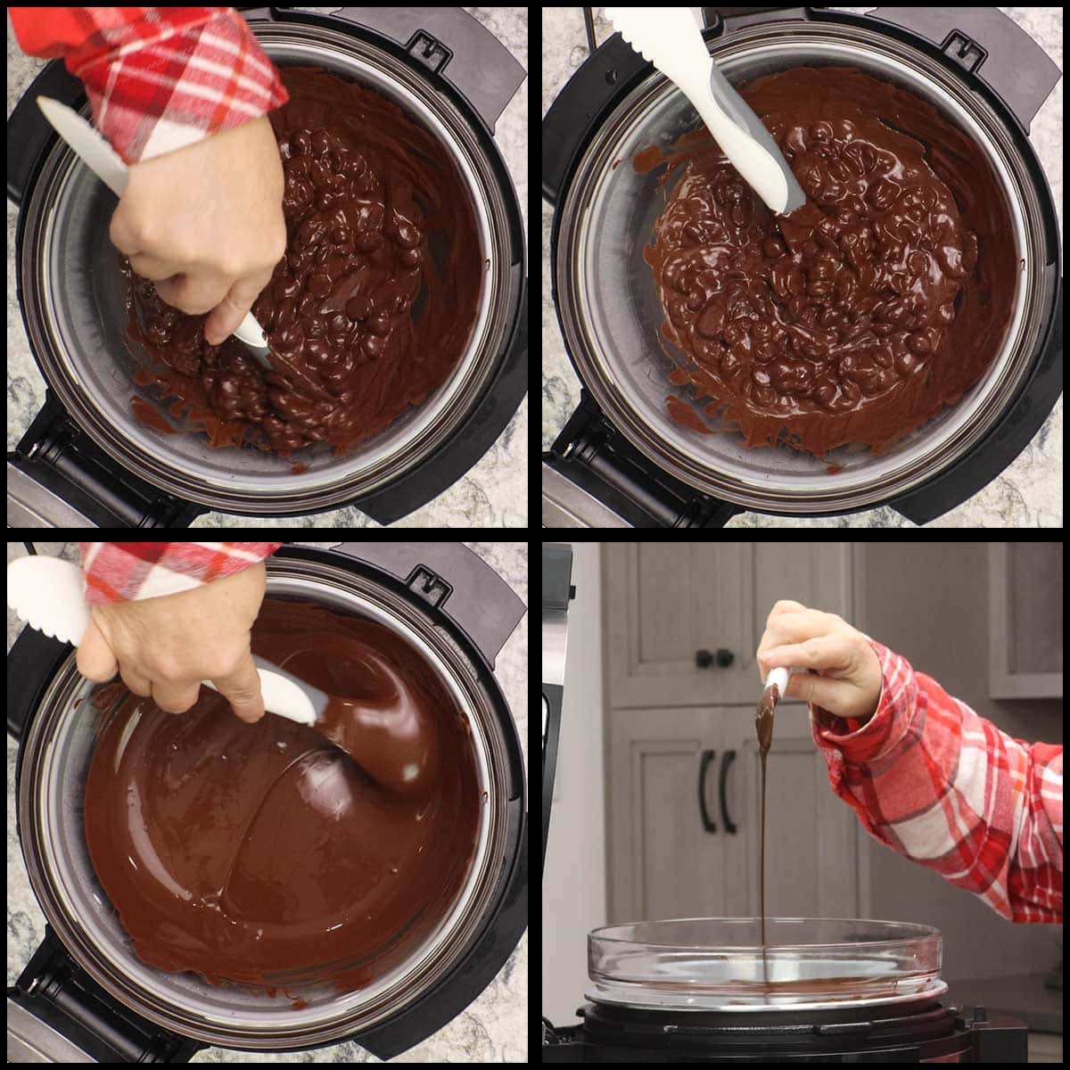chocolate melted with picture showing a thin stream of smooth chocolate falling from the stirrer. 