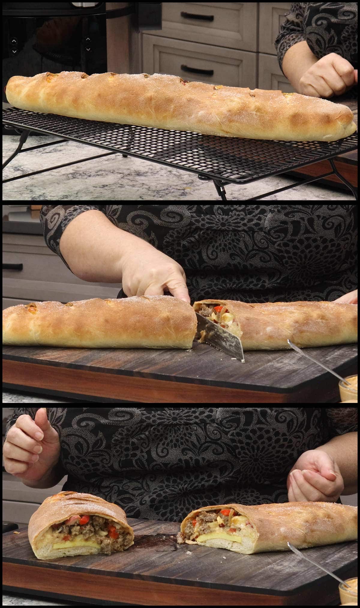 stromboli being cut in half for serving.