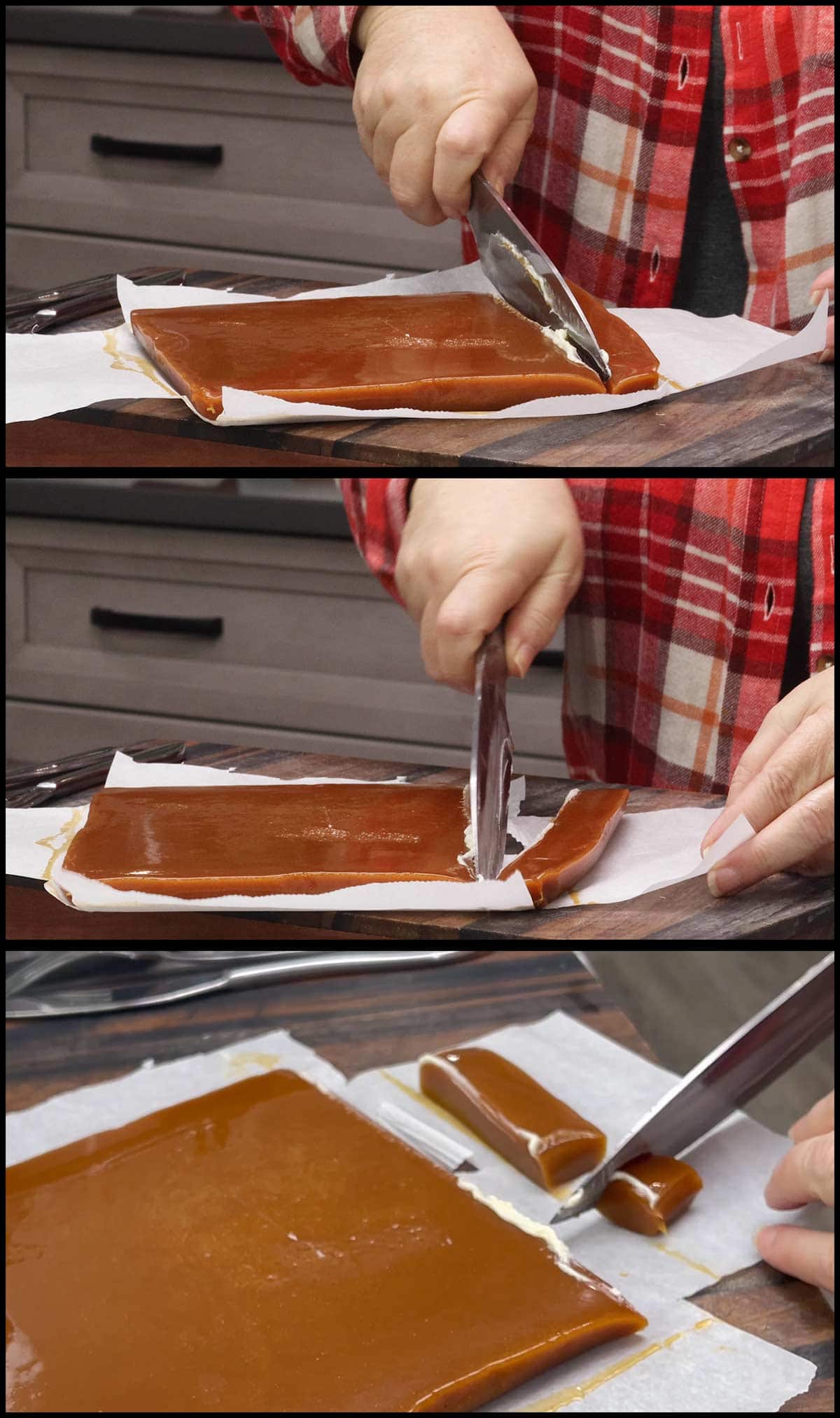 cutting caramel with a knife into small squares.