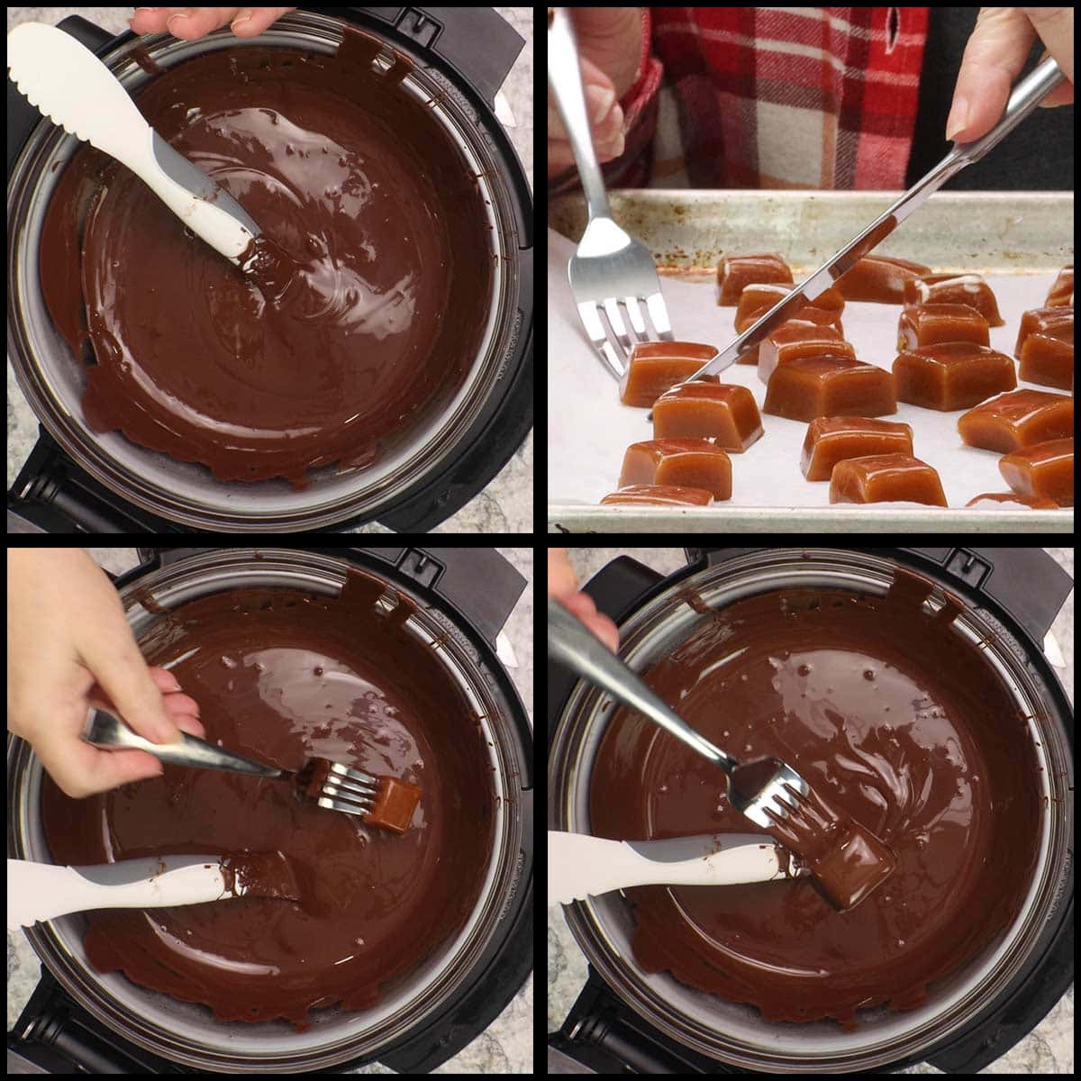 dipping a caramel candy into chocolate.