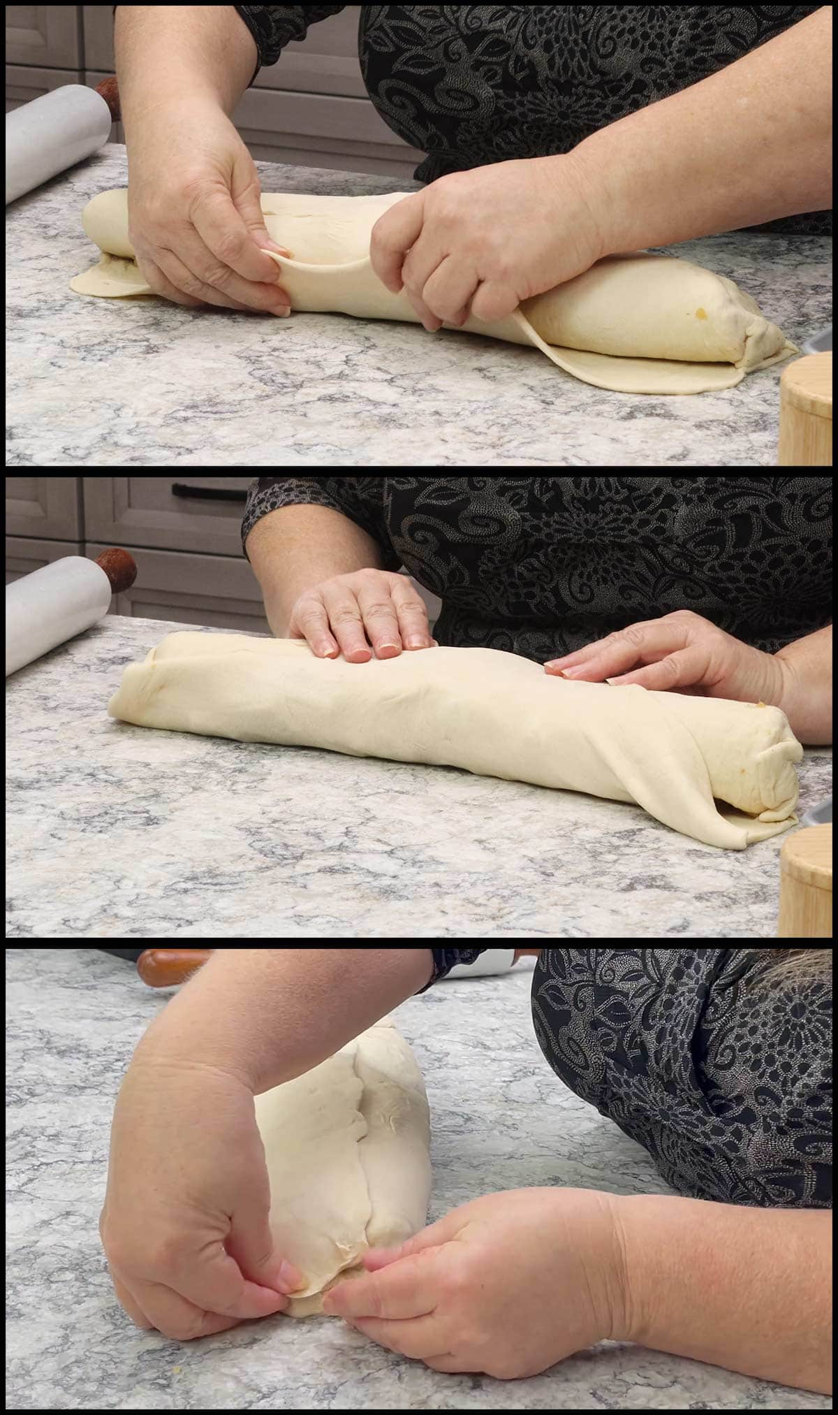 Making sure stromboli dough is completely sealed by pinching dough together at seams.