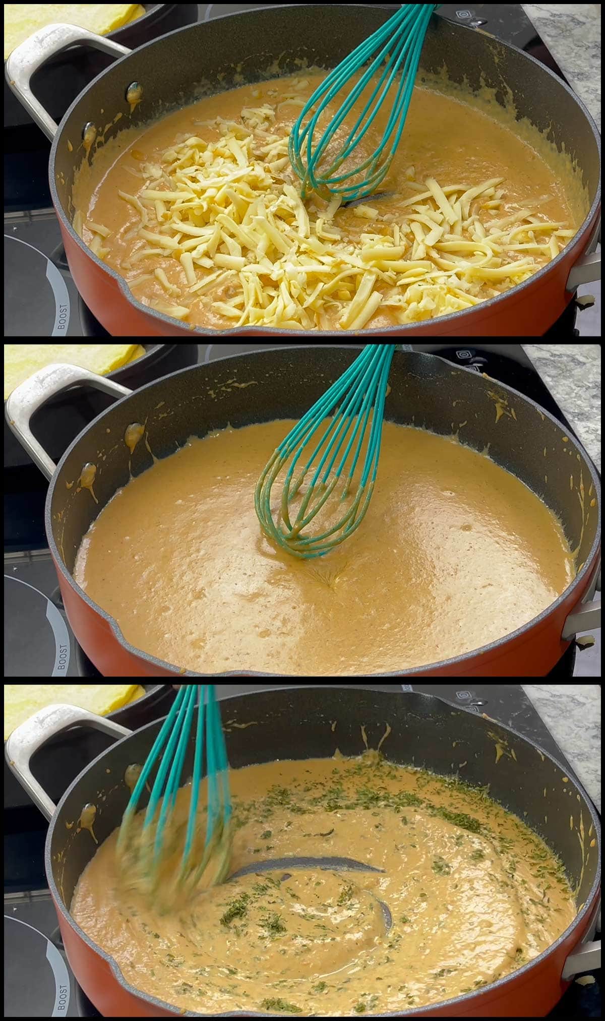 adding cheese and parsley to the sauce.
