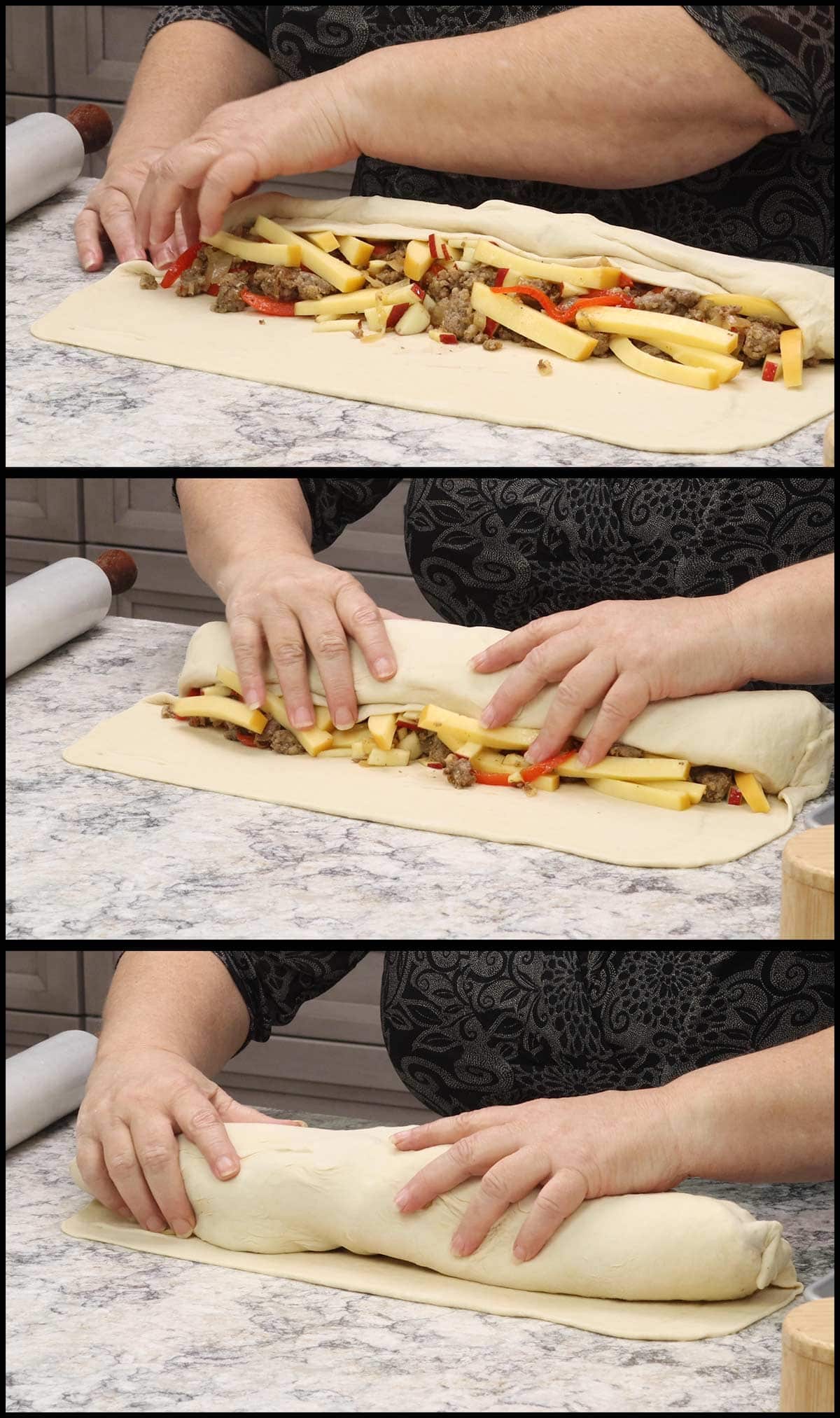 pinching ends and finishing wrapping stromboli.