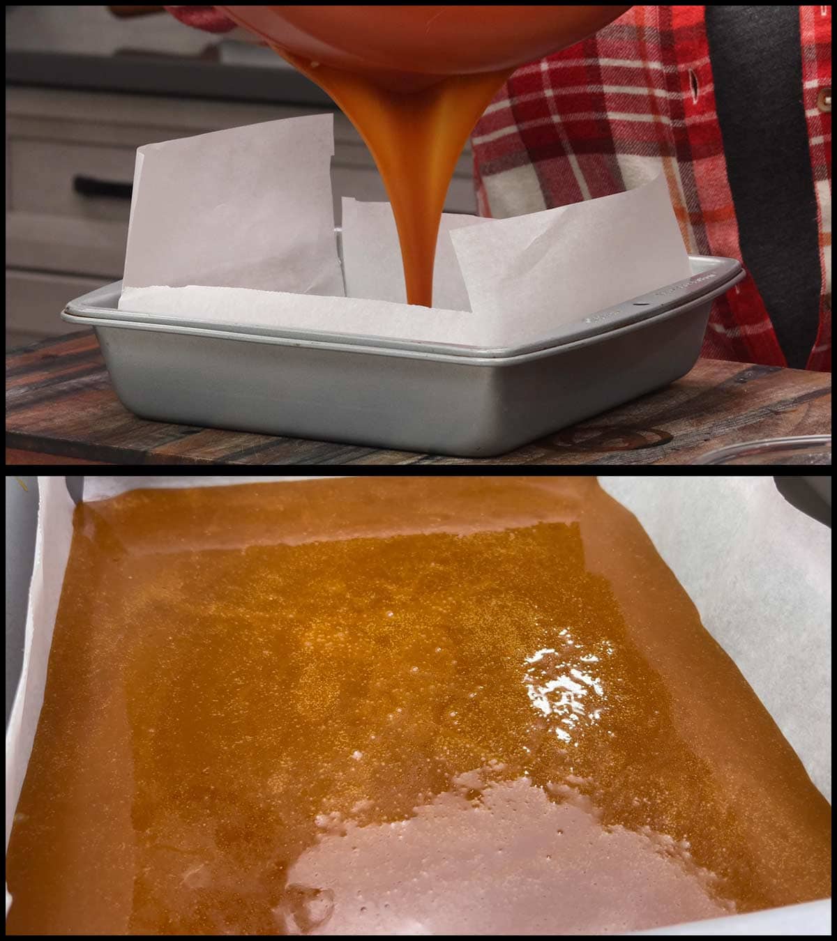 Pouring caramel into a pan.