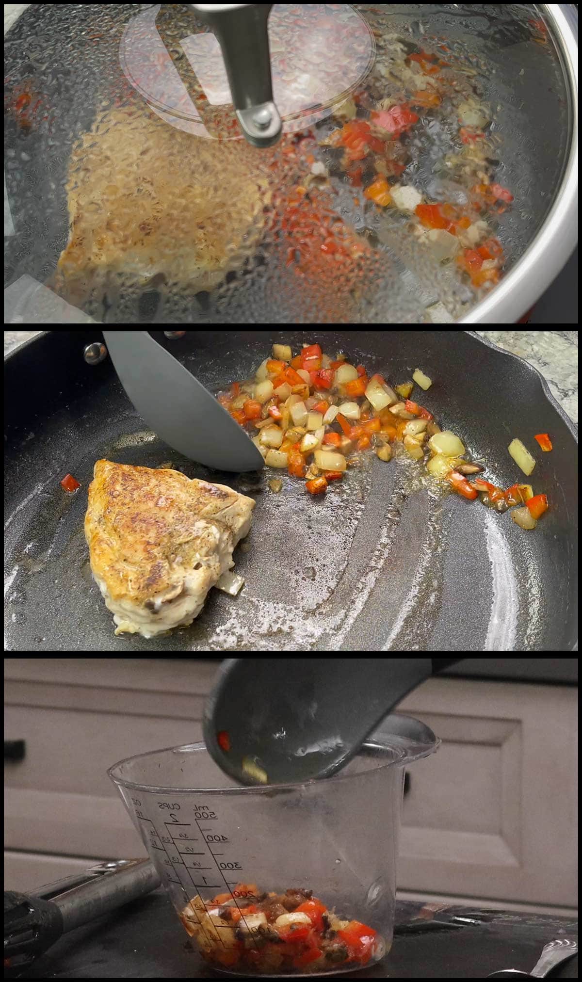 removing cooked vegetables from pan.