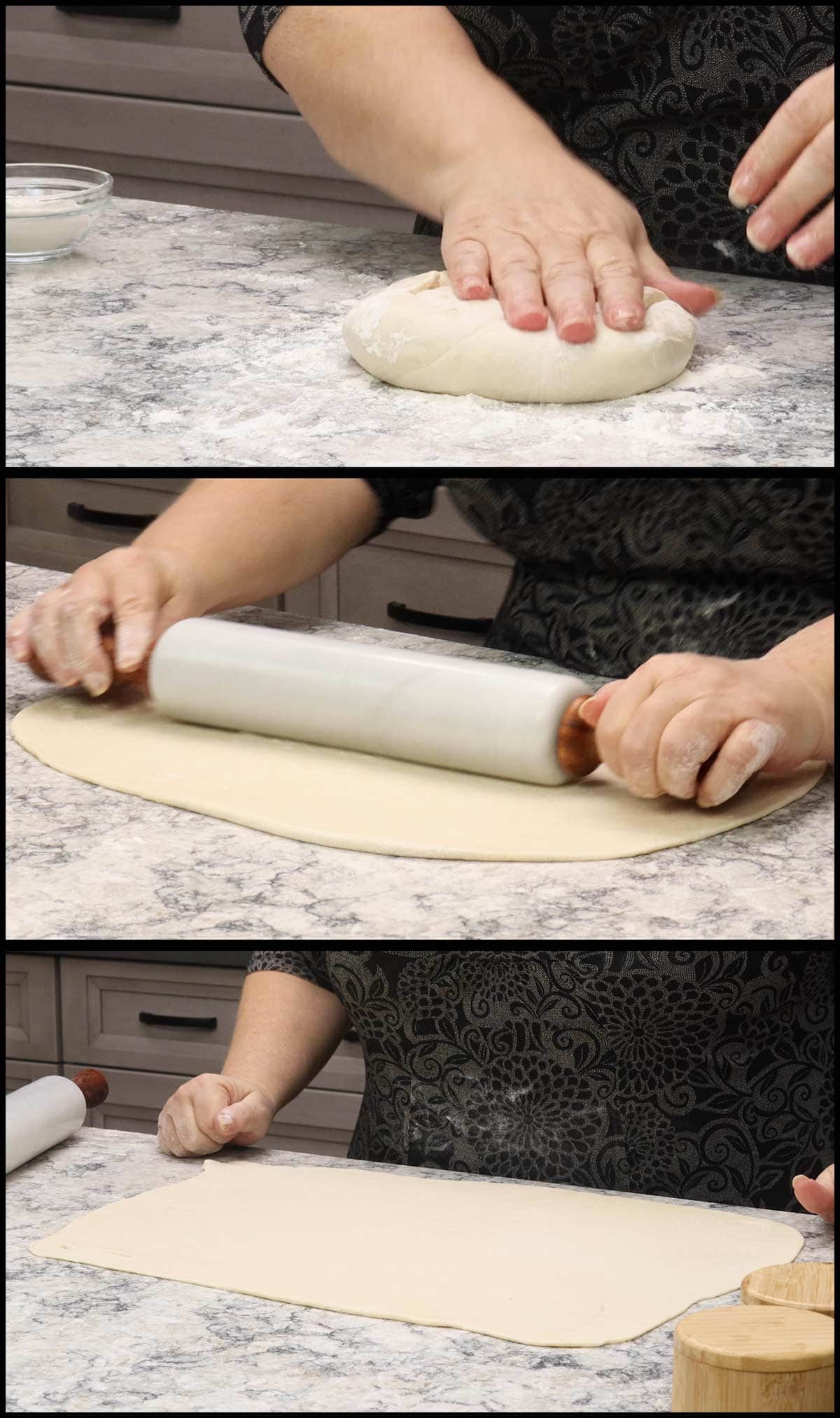 rolling out the pizza dough for stromboli