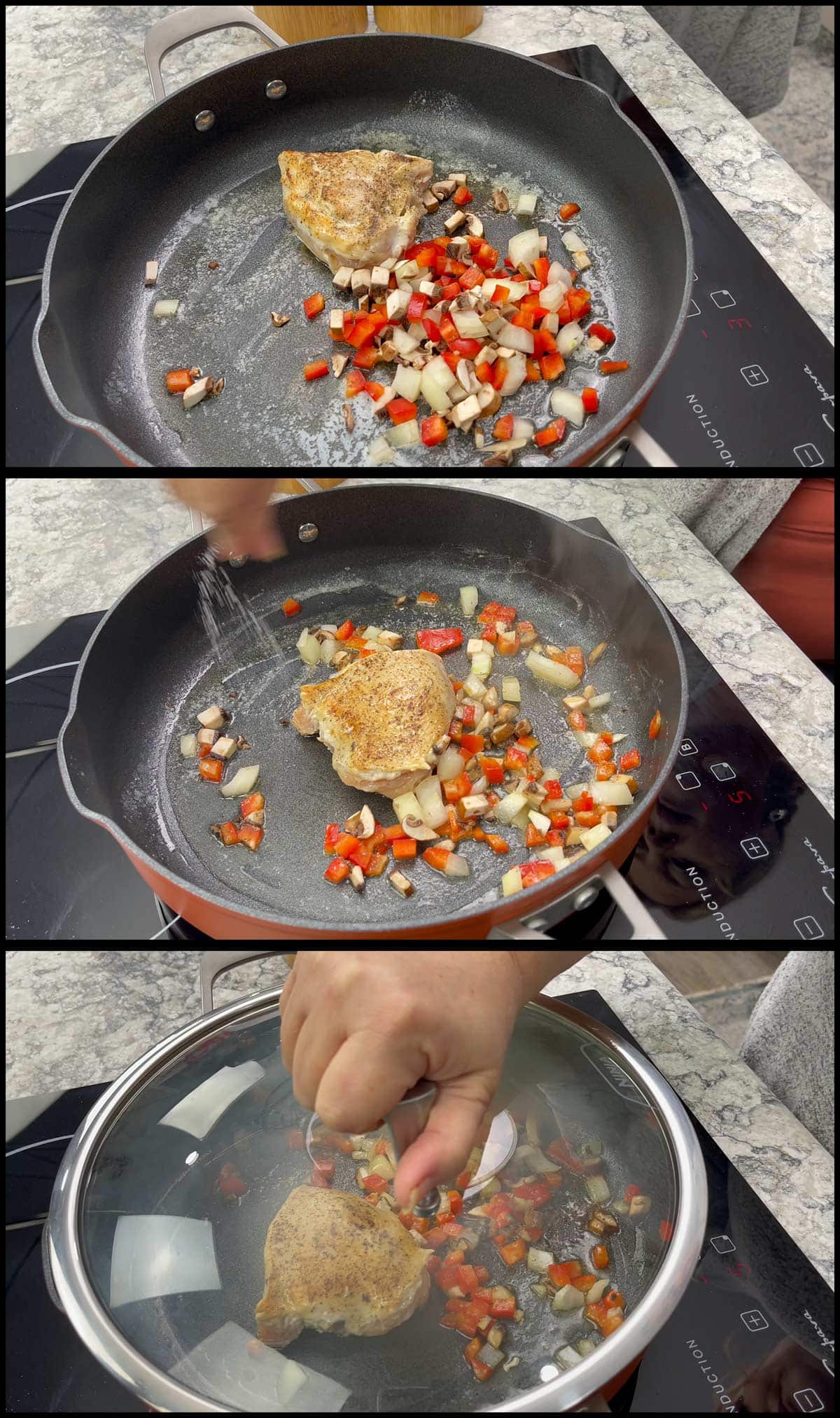 adding the vegetables to the pan with chicken to cook.
