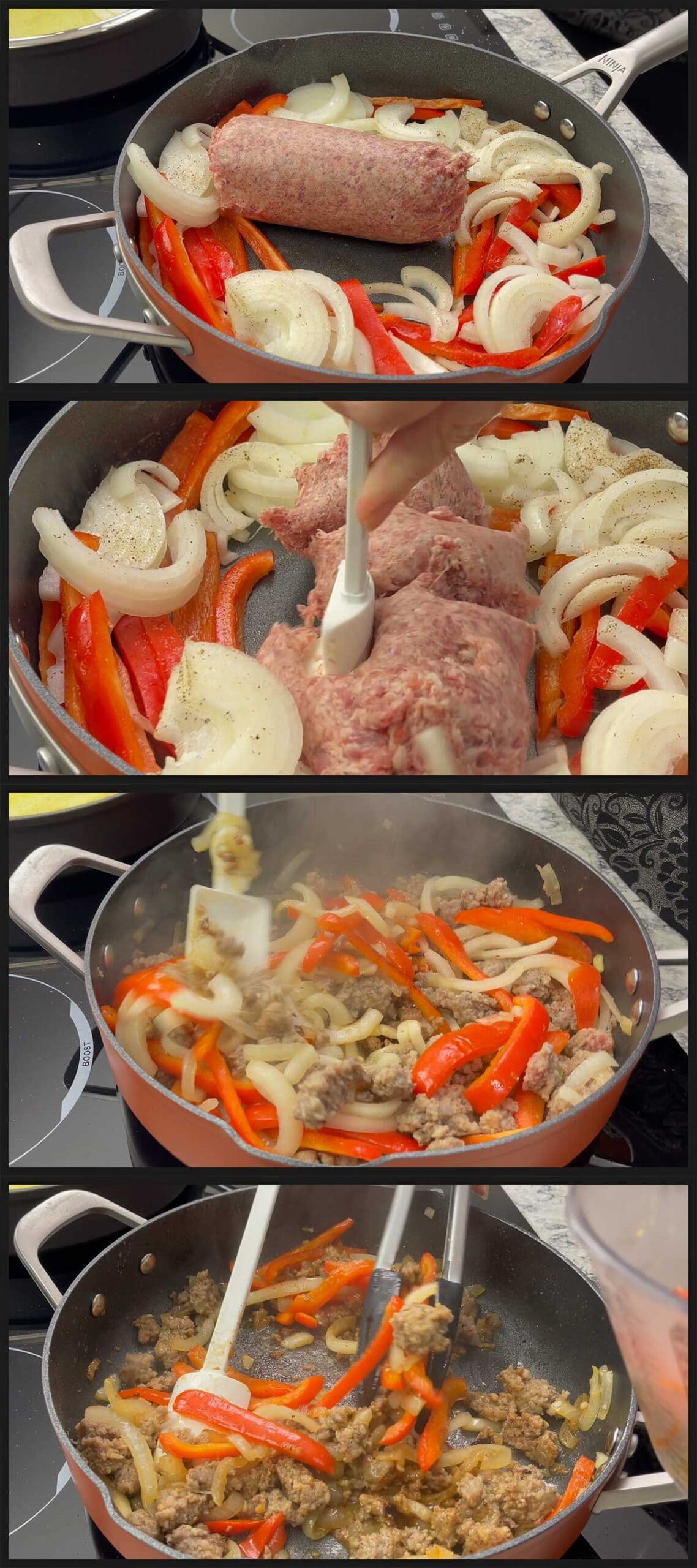 adding sausage to cook with vegetables.