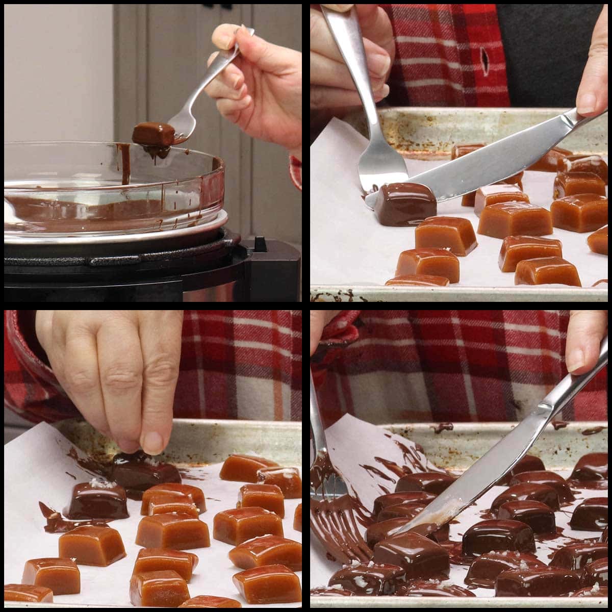 placing chocolate covered caramels onto parchment lined tray and sprinkling with salt. 