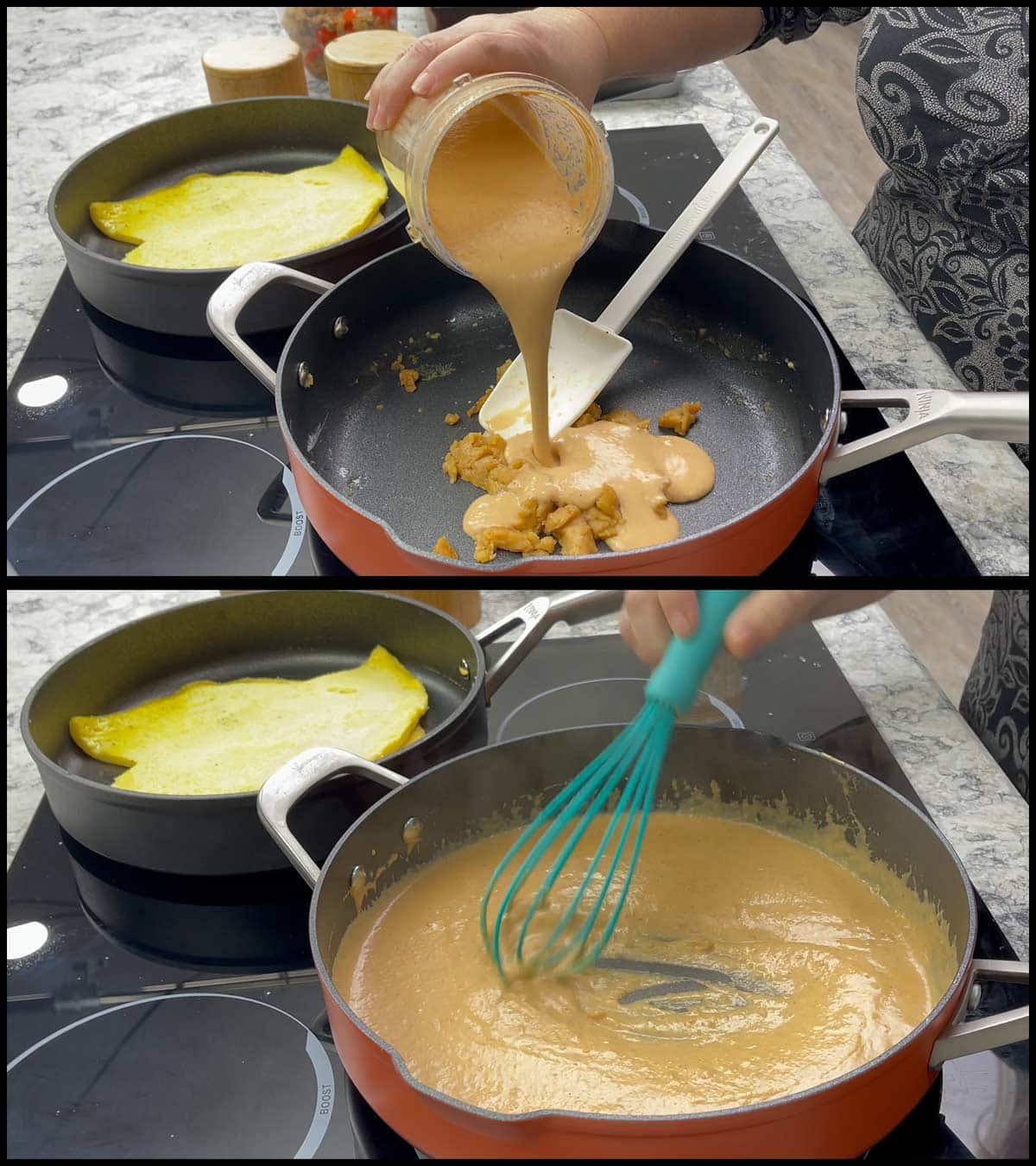 adding liquid mixture to pan to create cheese sauce.