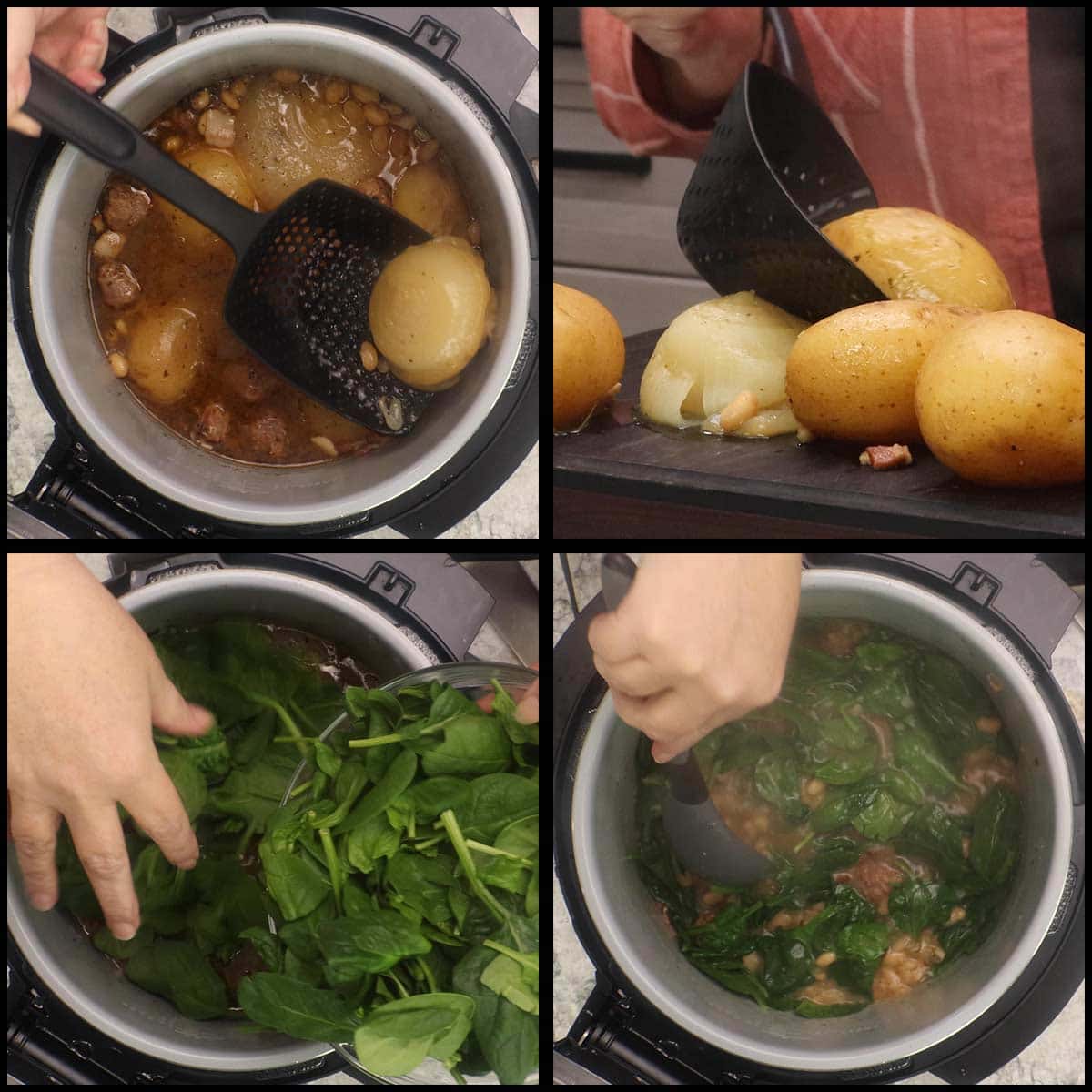 removing the whole potatoes and onions and adding the spinach to the inner pot. 
