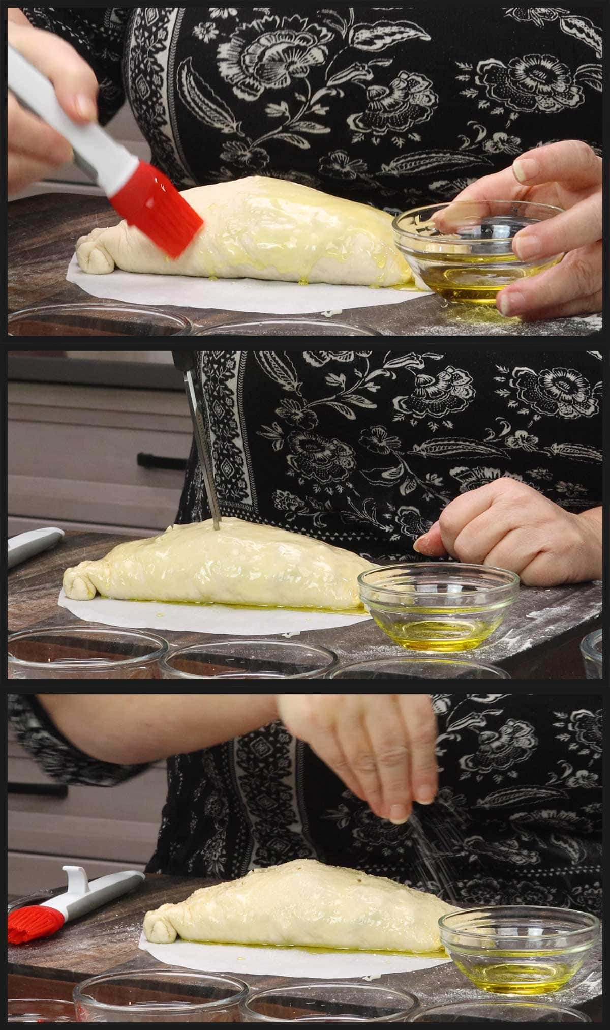 brushing the calzone with oil and cutting slits in the top.