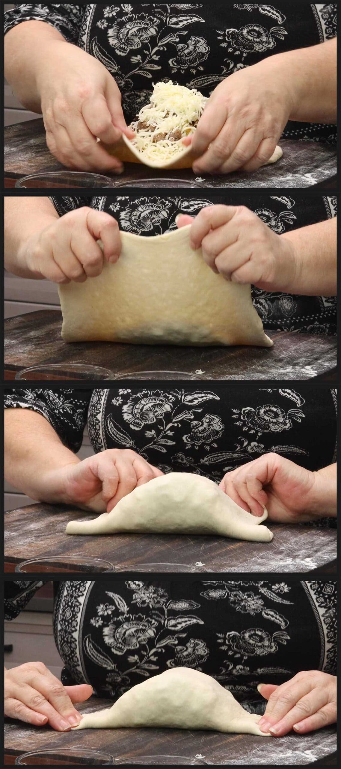 folding the dough over the calzone fillings and sealing the edges.