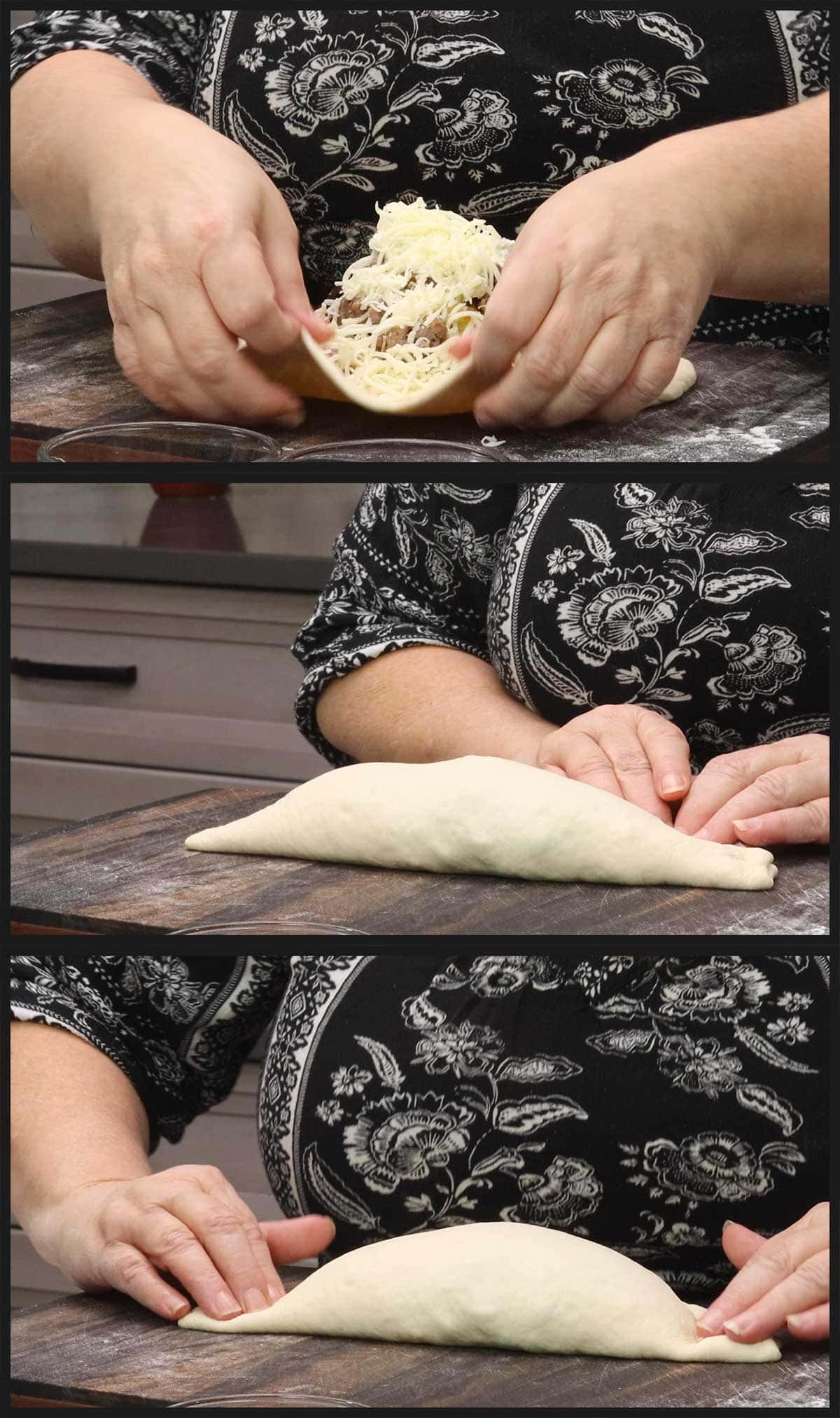 moving the fillings around inside the calzone and sealing the edges.