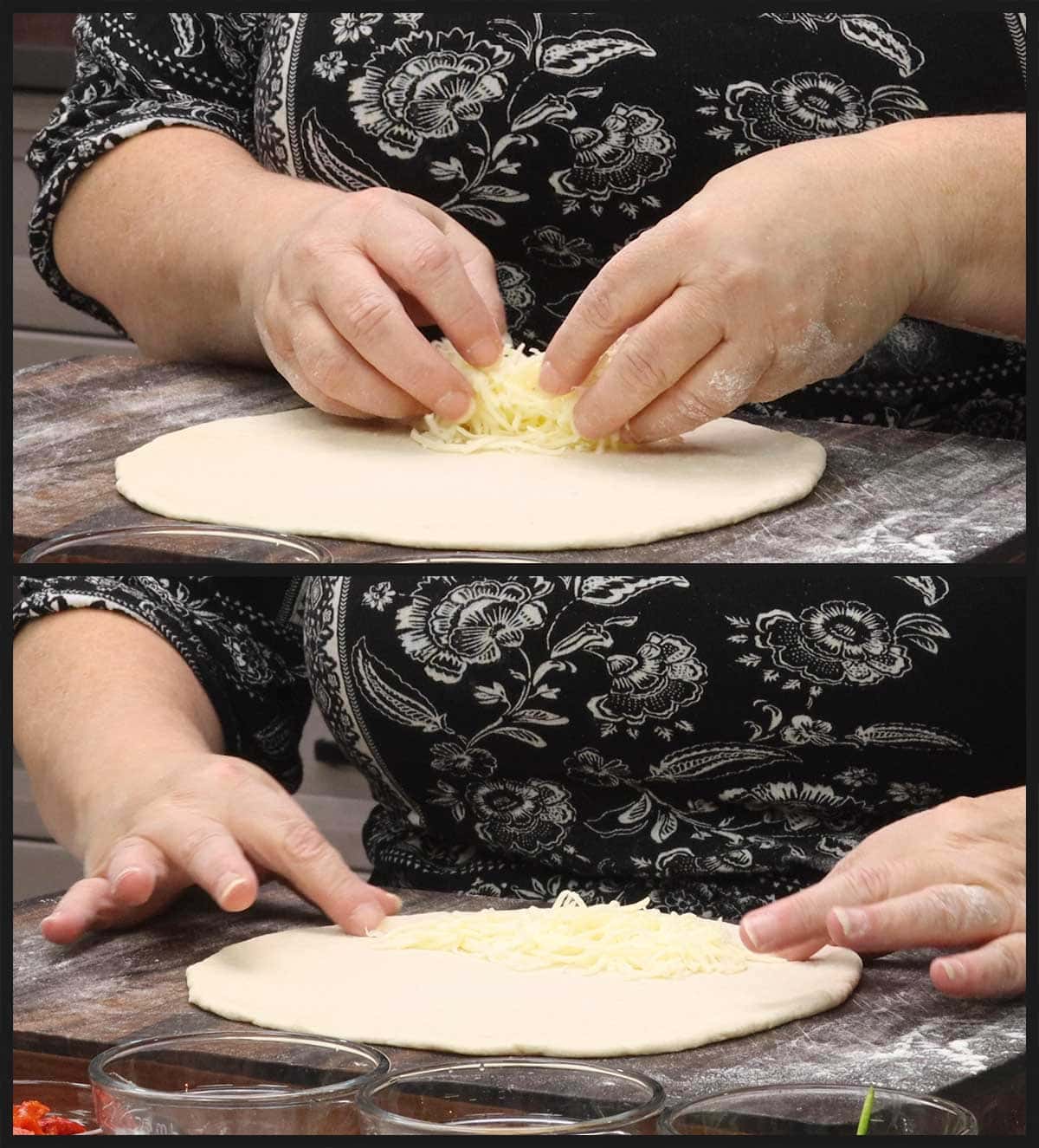 putting shredded cheese on calzon dough.