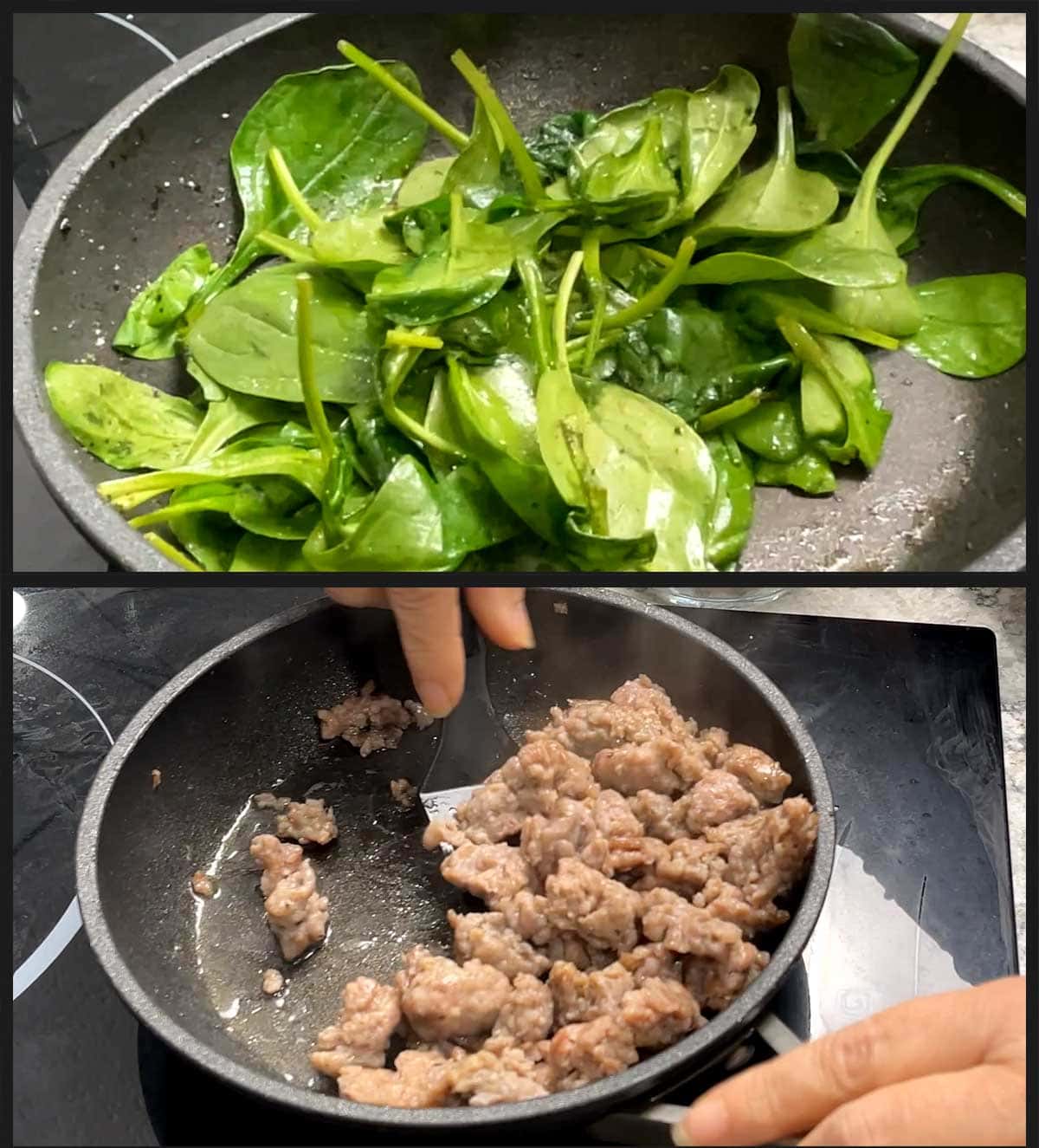 sauteing sausage and spinach for calzone filling.