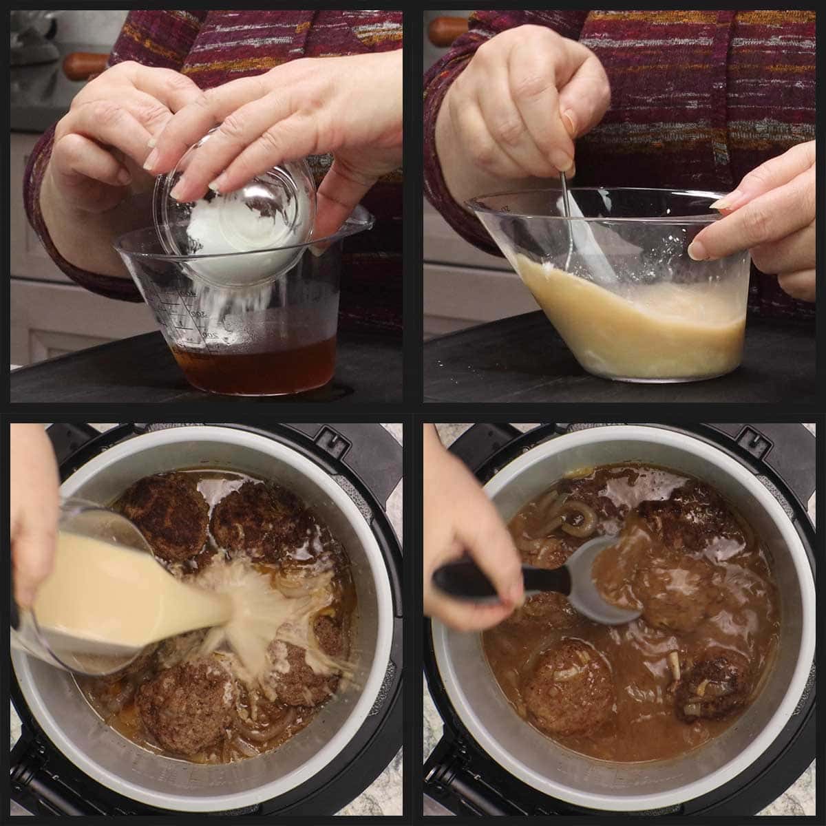 mixing up and adding the cornstarch slurry to the cooked salisbury steak.