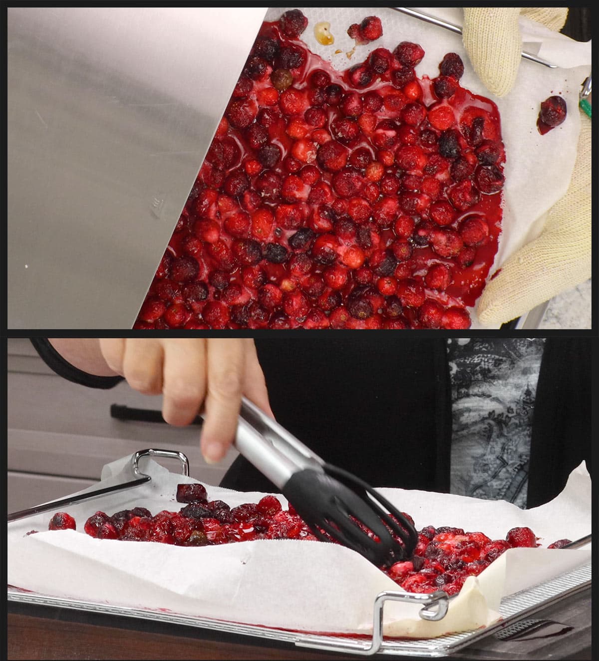 tossing cranberries after baking.