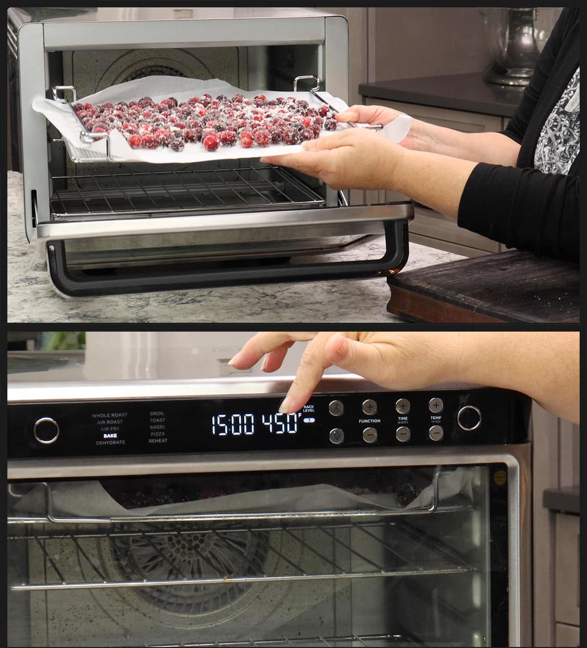 Baking at 450℉ to burst the cranberries.